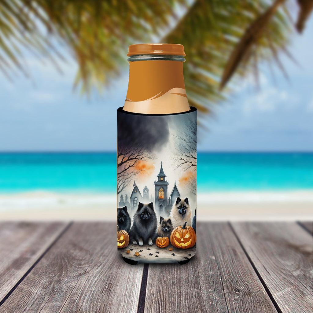 Keeshond Spooky Halloween Slim Can Hugger , Insulated Foam Hugger for 12 oz Slim Cans, Beer Bottles & Water Bottles, Printed in USA