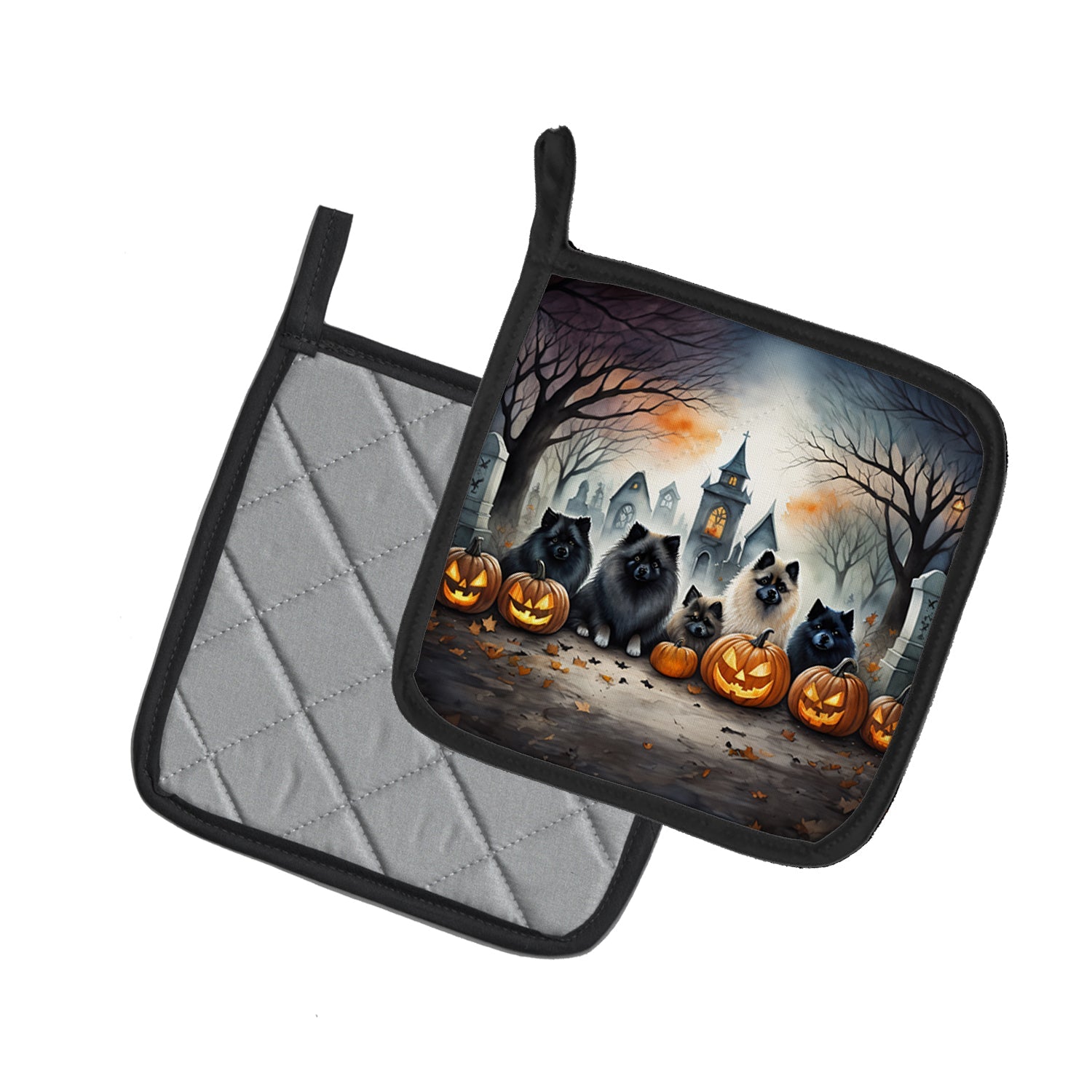 Keeshond Spooky Halloween Pot Holder Set of 2 Heat Resistant Quilted Hot Pads 7.5 x 7.5 Inch, Insulated Kitchen Trivets for Cooking & Baking