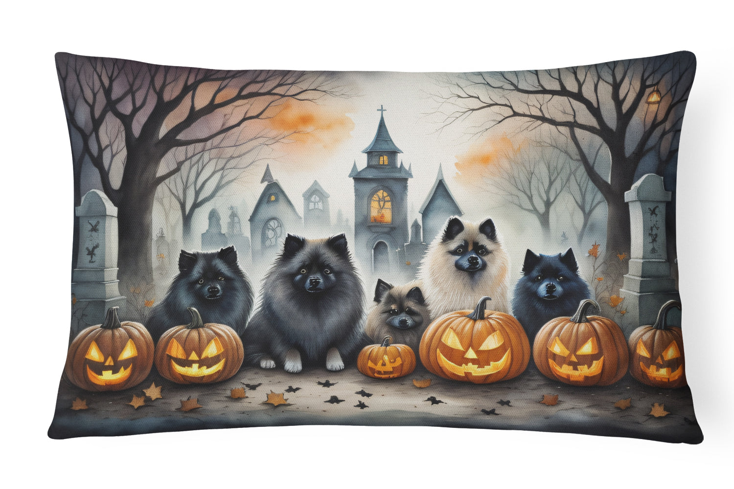 Keeshond Spooky Halloween Decorative Throw Pillow 12x16 Indoor Outdoor Accent Cushion, Fabric Cover with Insert for Sofa, Bed, Porch & Living Room