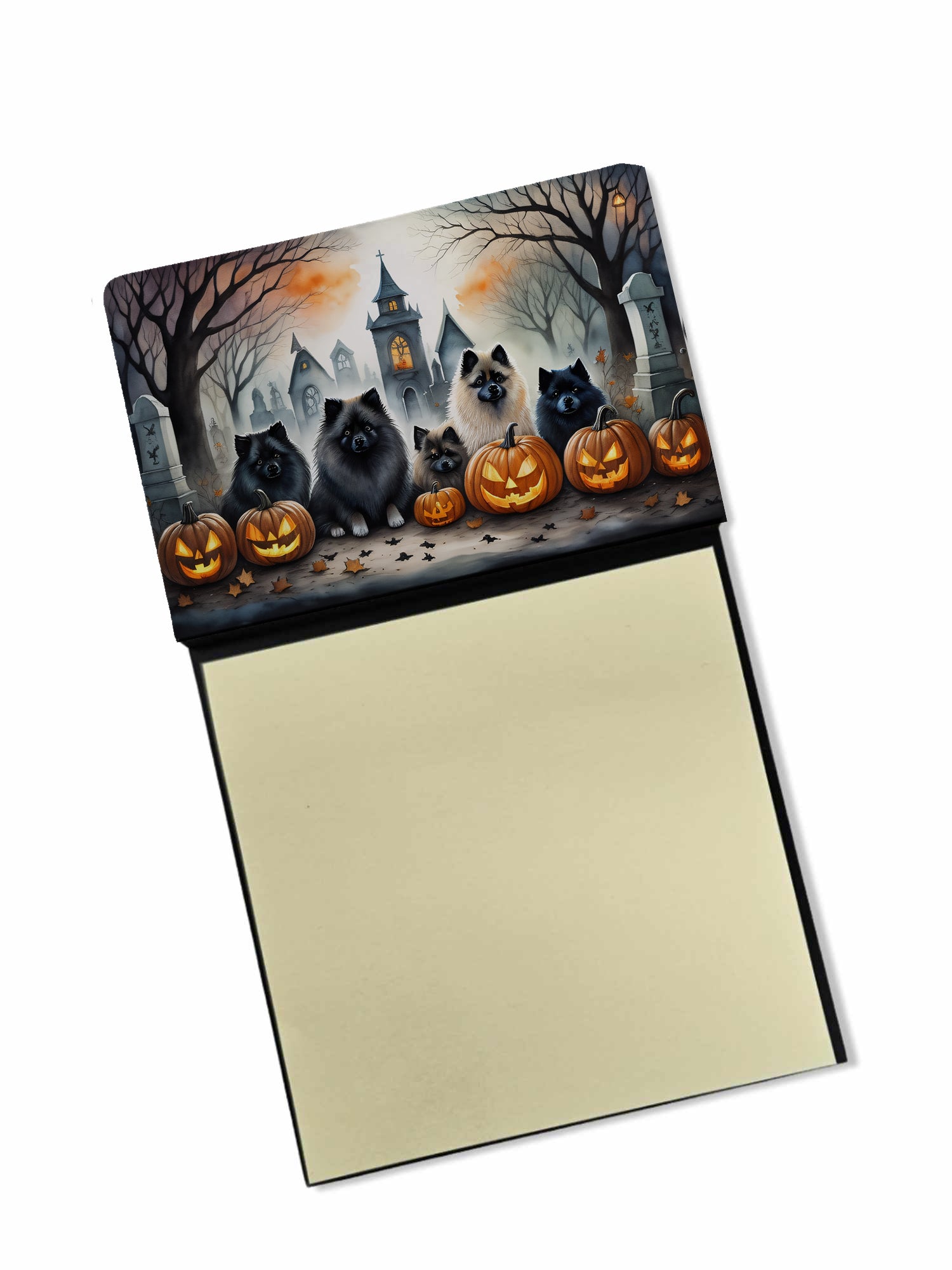Keeshond Spooky Halloween Watercolor Sticky Note Holder Refillable Dispenser Desk Accessory 3x3 Pad Gift