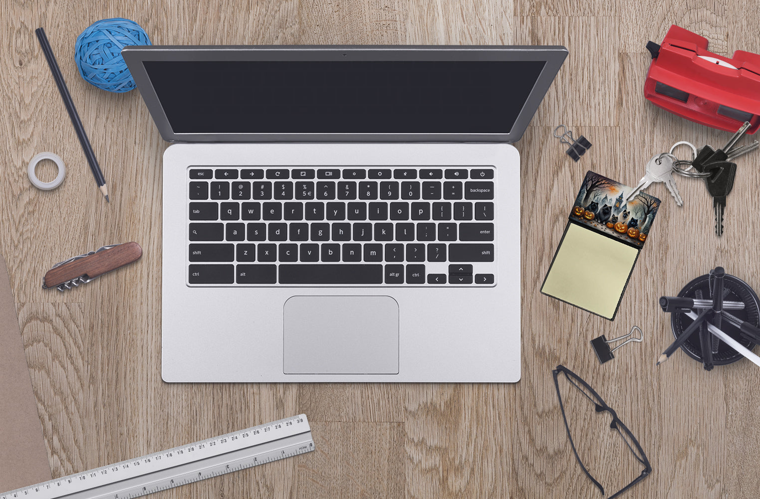 Keeshond Spooky Halloween Watercolor Sticky Note Holder Refillable Dispenser Desk Accessory 3x3 Pad Gift