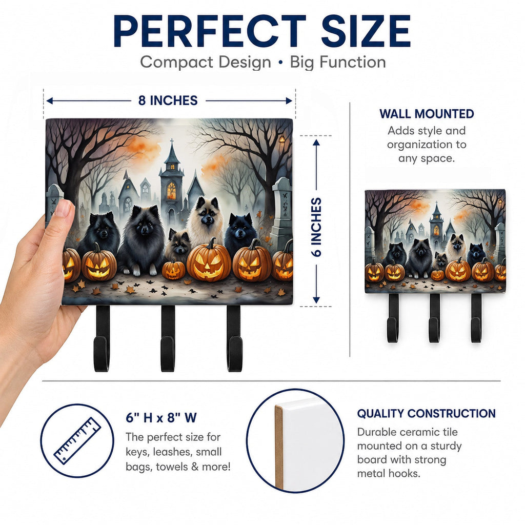 Keeshond Spooky Halloween Leash or Key Holder Wall Hooks, Coat Rack Wall Mount, for Hanging Keys, Towels, Aprons, Leashes