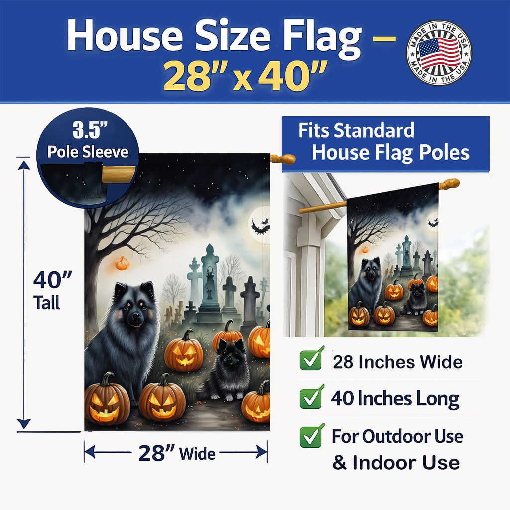 Keeshond Spooky Halloween House Flag 28x40 Porch Sleeve Pole Decorative Outside Yard Banner Artwork Wall Hanging, Polyester