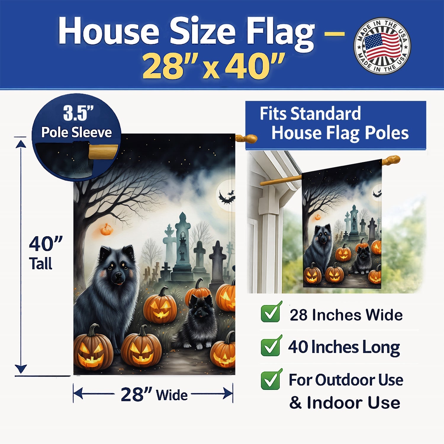 Keeshond Spooky Halloween House Flag 28x40 Porch Sleeve Pole Decorative Outside Yard Banner Artwork Wall Hanging, Polyester