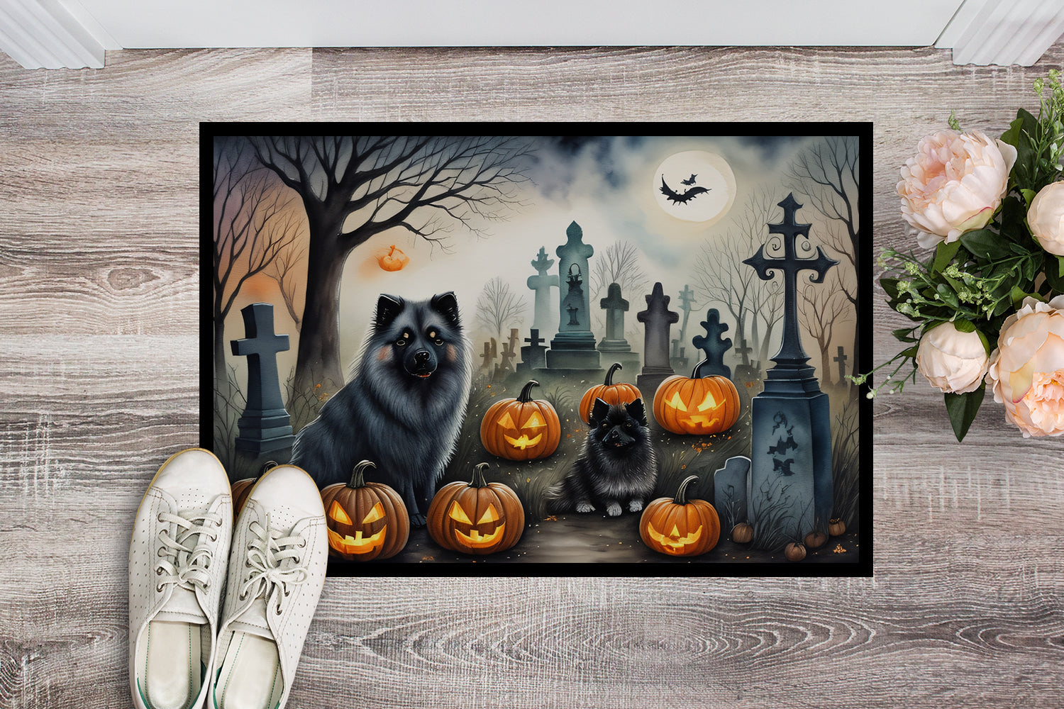 Keeshond Spooky Halloween Doormat Indoor Outdoor 24H X 36W Front Door Mat Rugs for Entryway, Non Slip Washable Low Pile,