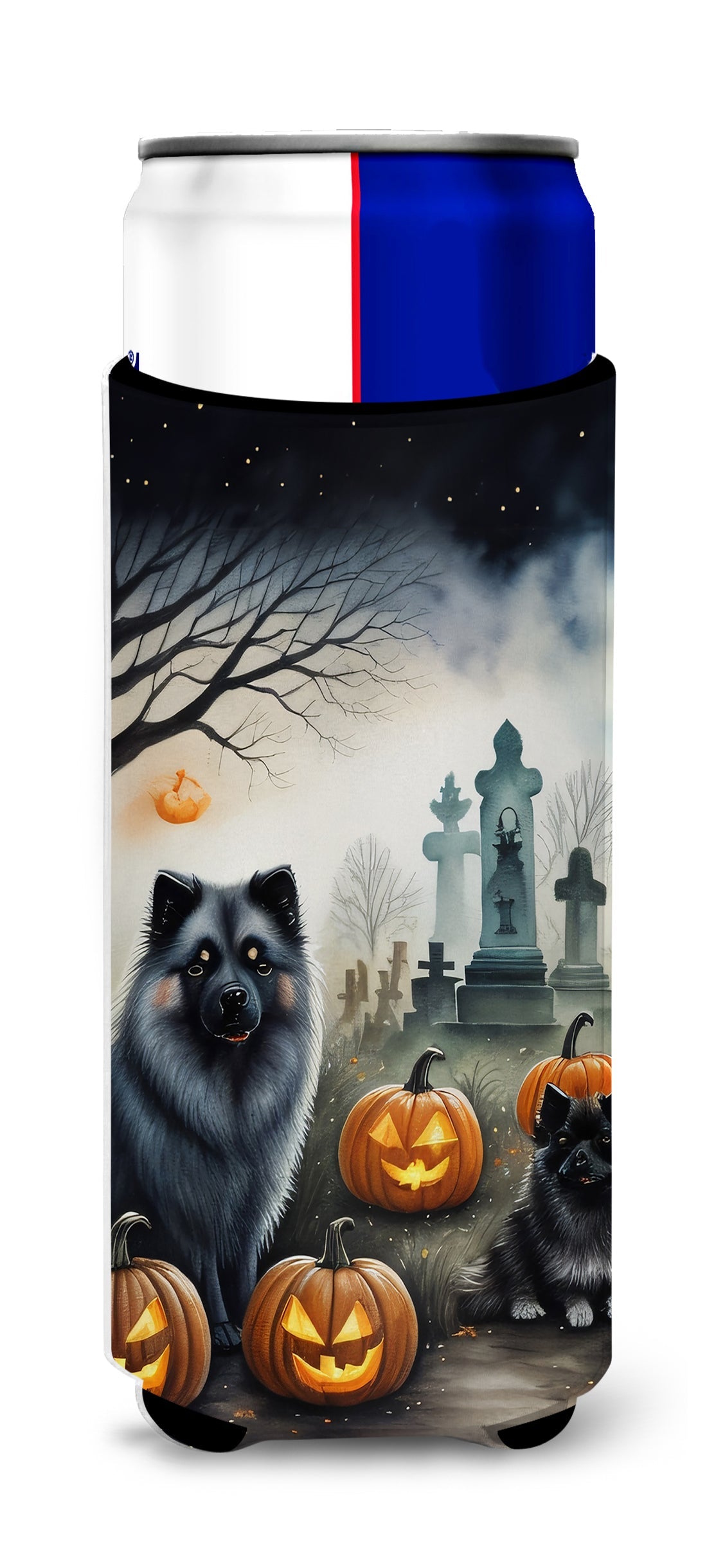 Keeshond Spooky Halloween Slim Can Hugger , Insulated Foam Hugger for 12 oz Slim Cans, Beer Bottles & Water Bottles, Printed in USA
