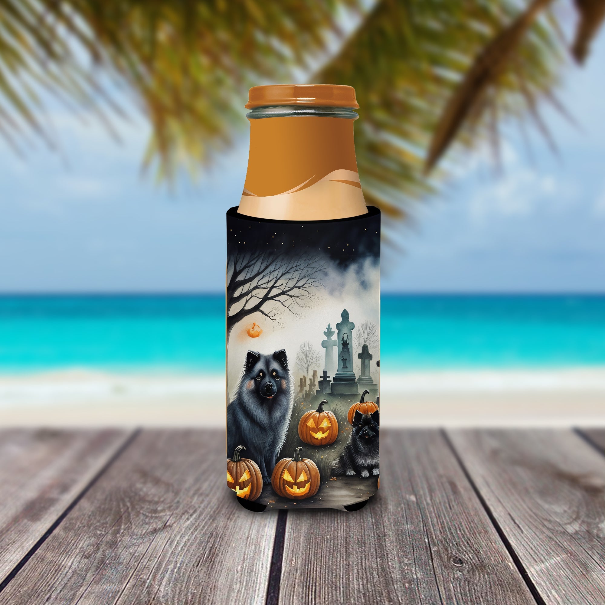 Keeshond Spooky Halloween Slim Can Hugger , Insulated Foam Hugger for 12 oz Slim Cans, Beer Bottles & Water Bottles, Printed in USA