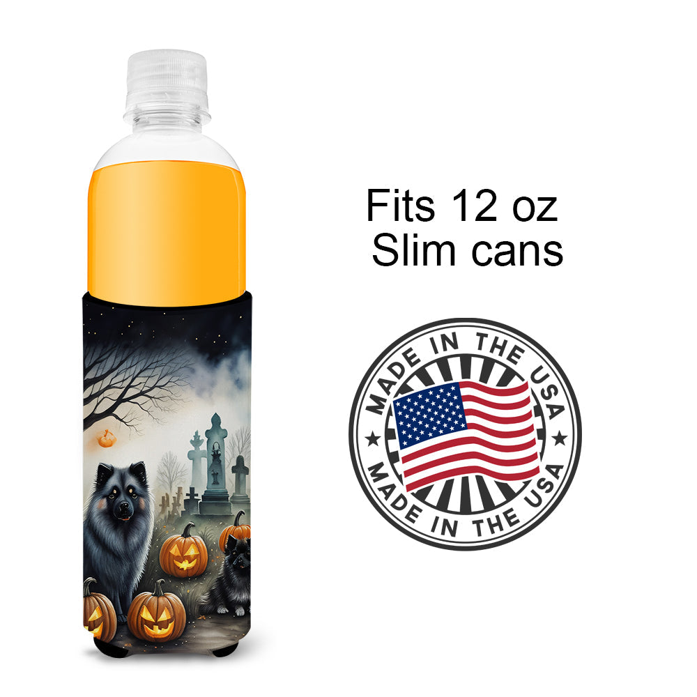 Keeshond Spooky Halloween Slim Can Hugger , Insulated Foam Hugger for 12 oz Slim Cans, Beer Bottles & Water Bottles, Printed in USA