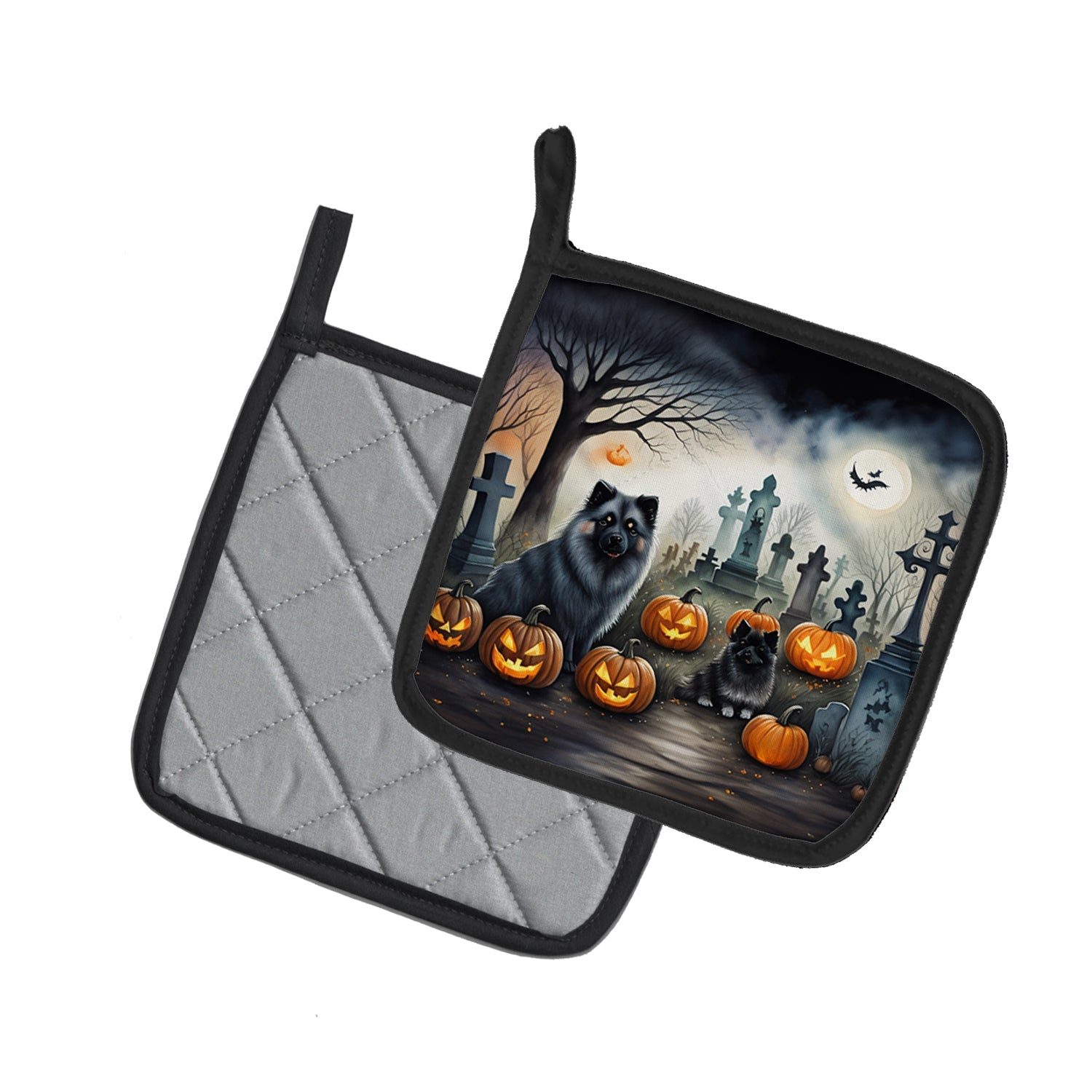 Keeshond Spooky Halloween Pot Holder Set of 2 Heat Resistant Quilted Hot Pads 7.5 x 7.5 Inch, Insulated Kitchen Trivets for Cooking & Baking