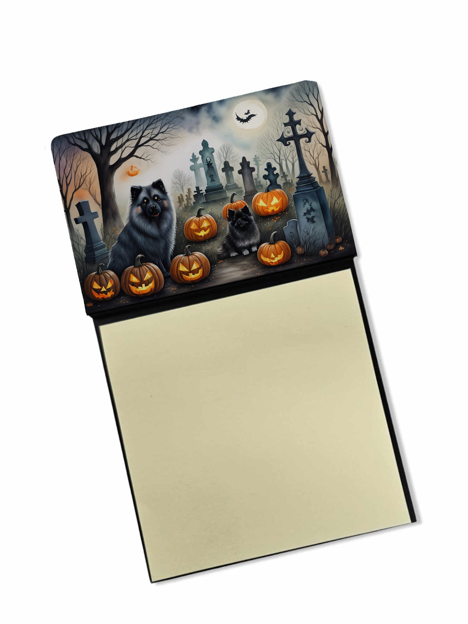 Keeshond Spooky Halloween Watercolor Sticky Note Holder Refillable Dispenser Desk Accessory 3x3 Pad Gift