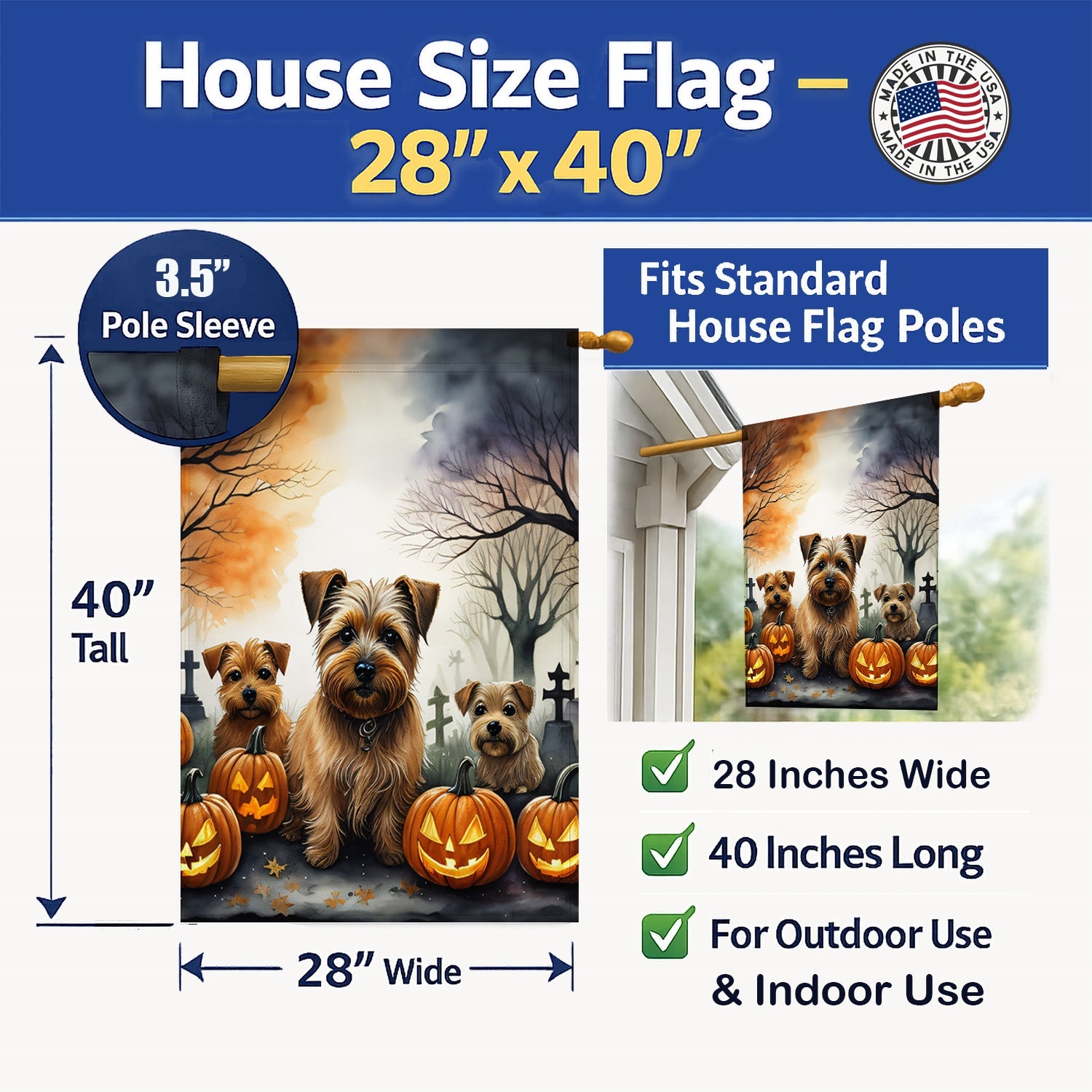 Norfolk Terrier Spooky Halloween House Flag 28x40 Porch Sleeve Pole Decorative Outside Yard Banner Artwork Wall Hanging, Polyester