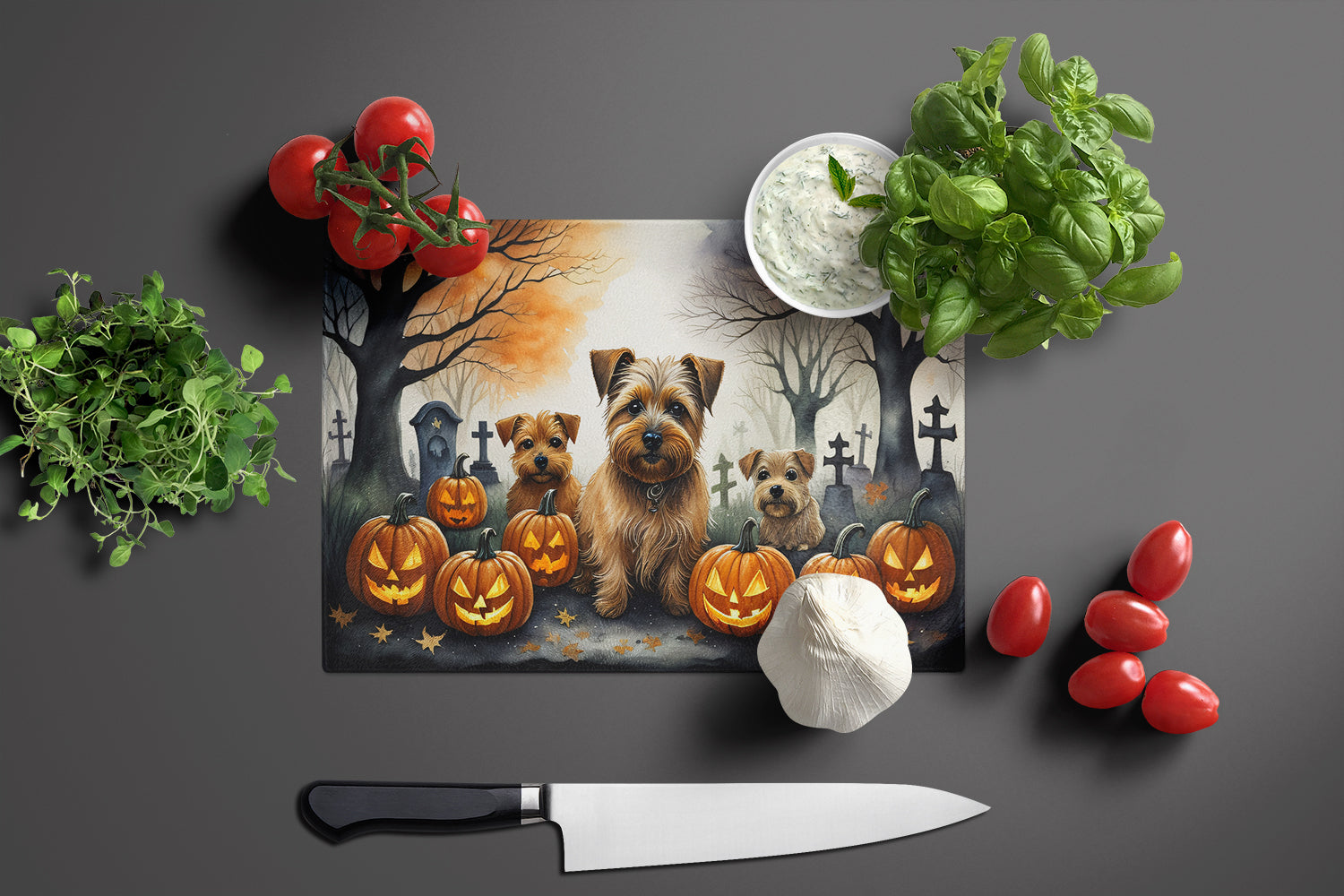 Norfolk Terrier Spooky Halloween Cutting Board Tempered Glass Kitchen Cutting Surface, Heat Resistant Chopping, Non-Slip Feet, Food Prep & Serving