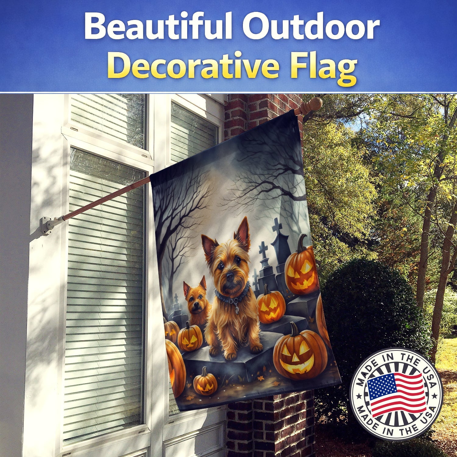 Norwich Terrier Spooky Halloween House Flag 28x40 Porch Sleeve Pole Decorative Outside Yard Banner Artwork Wall Hanging, Polyester