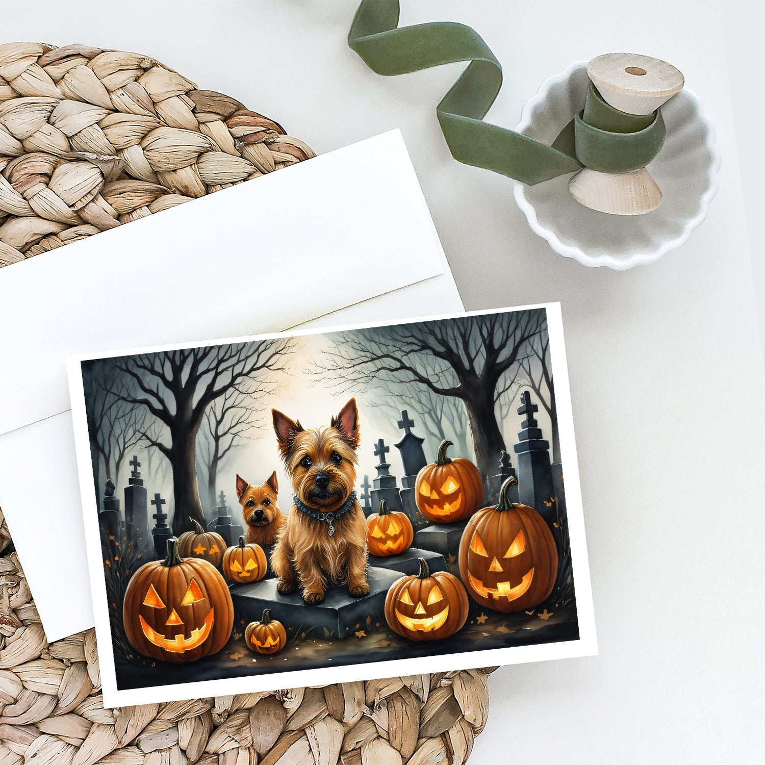 Norwich Terrier Spooky Halloween Greeting Cards Pack of 8 Blank Cards with Envelopes Whimsical A7 Size 5x7