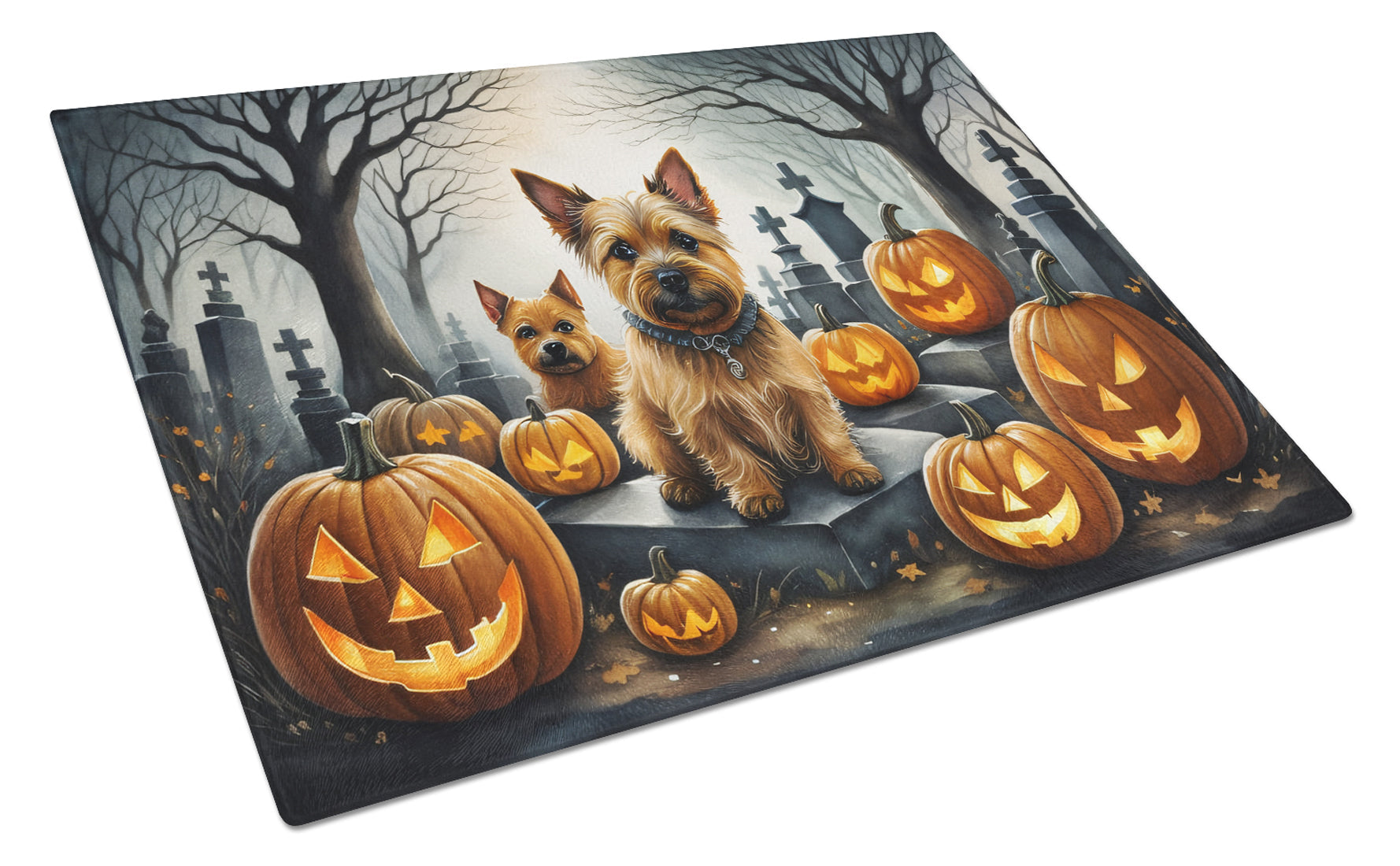 Norwich Terrier Spooky Halloween Cutting Board Tempered Glass Kitchen Cutting Surface, Heat Resistant Chopping, Non-Slip Feet, Food Prep & Serving