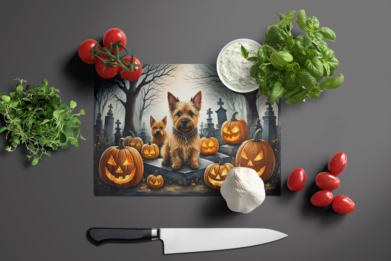 Norwich Terrier Spooky Halloween Cutting Board Tempered Glass Kitchen Cutting Surface, Heat Resistant Chopping, Non-Slip Feet, Food Prep & Serving