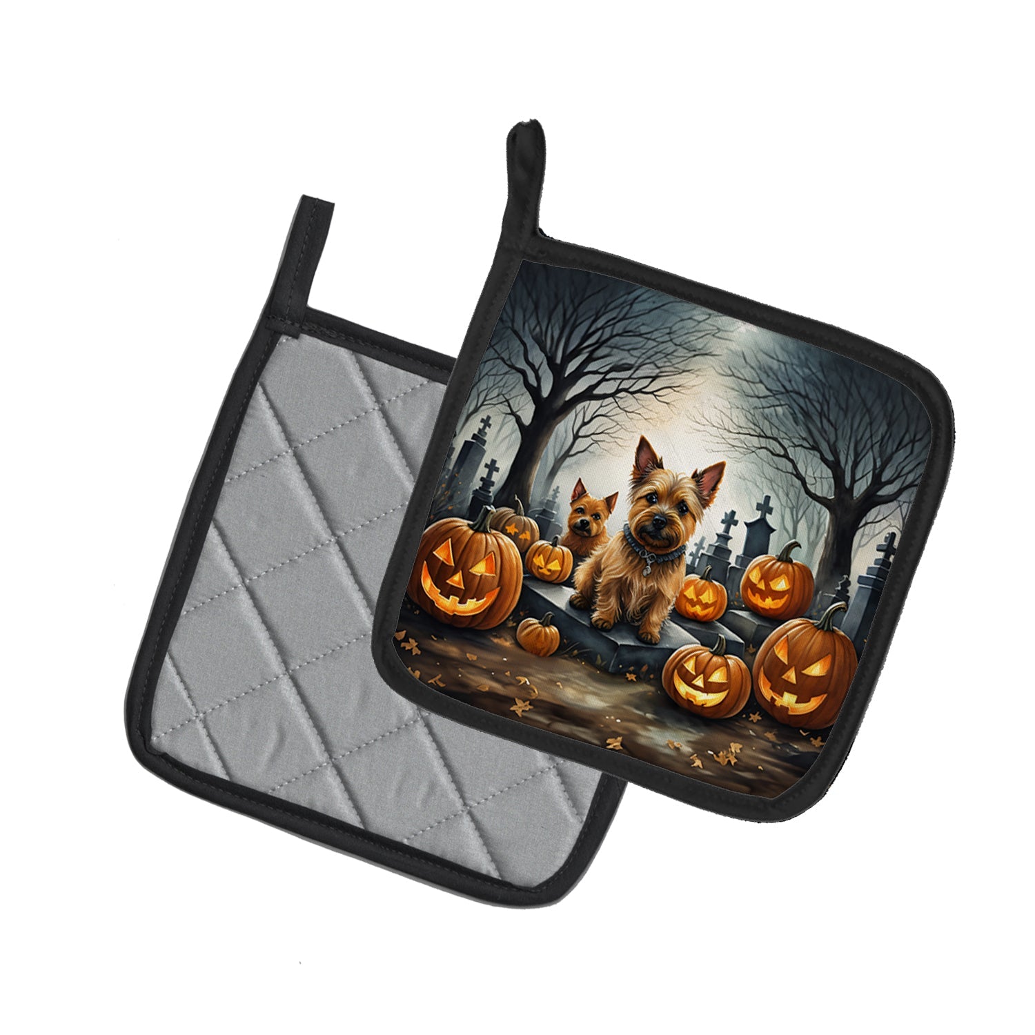 Norwich Terrier Spooky Halloween Pot Holder Set of 2 Heat Resistant Quilted Hot Pads 7.5 x 7.5 Inch, Insulated Kitchen Trivets for Cooking & Baking