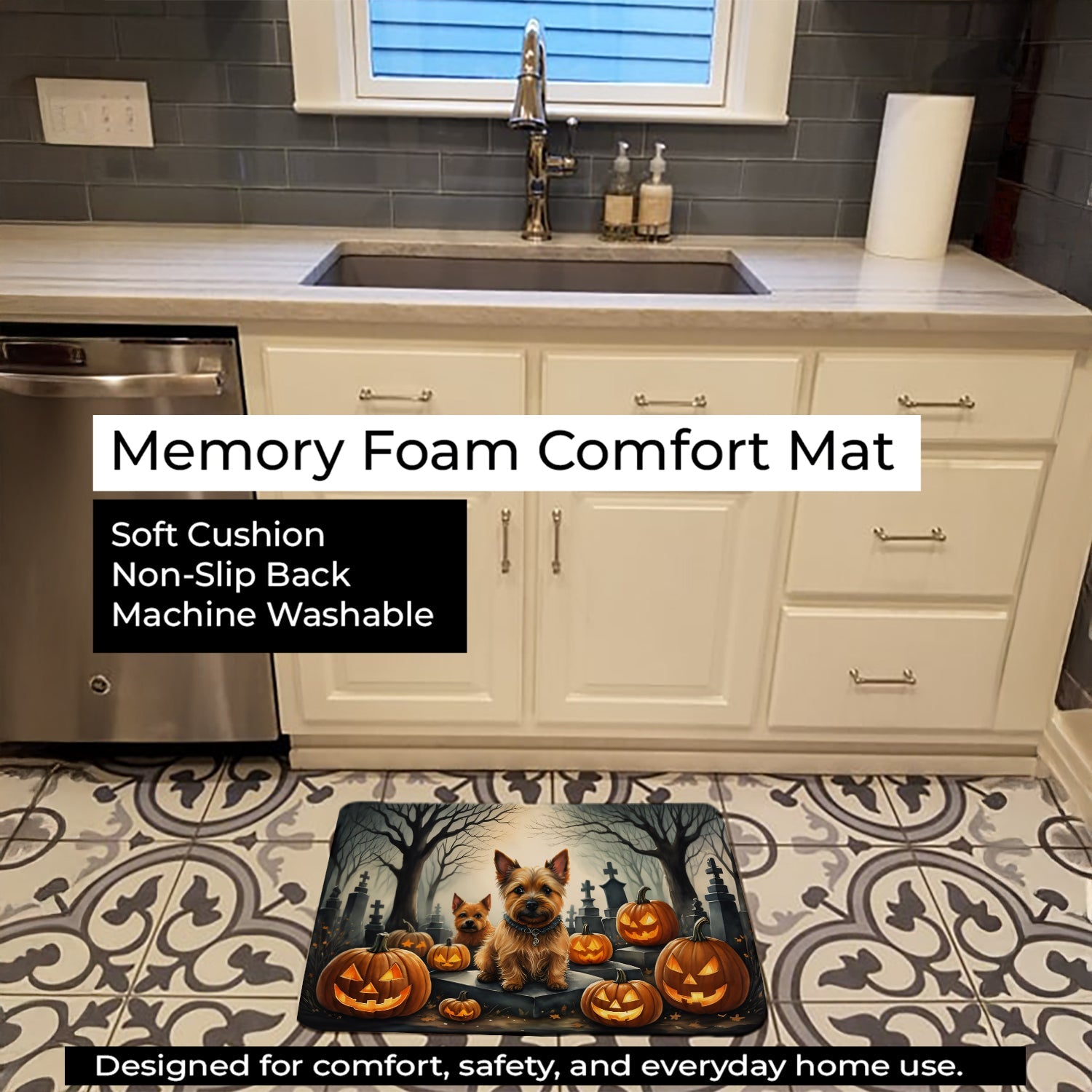 Norwich Terrier Spooky Halloween Memory Foam Kitchen Mat Machine Washable Anti-Fatigue Cushion Comfort Bath or Kitchen Rug