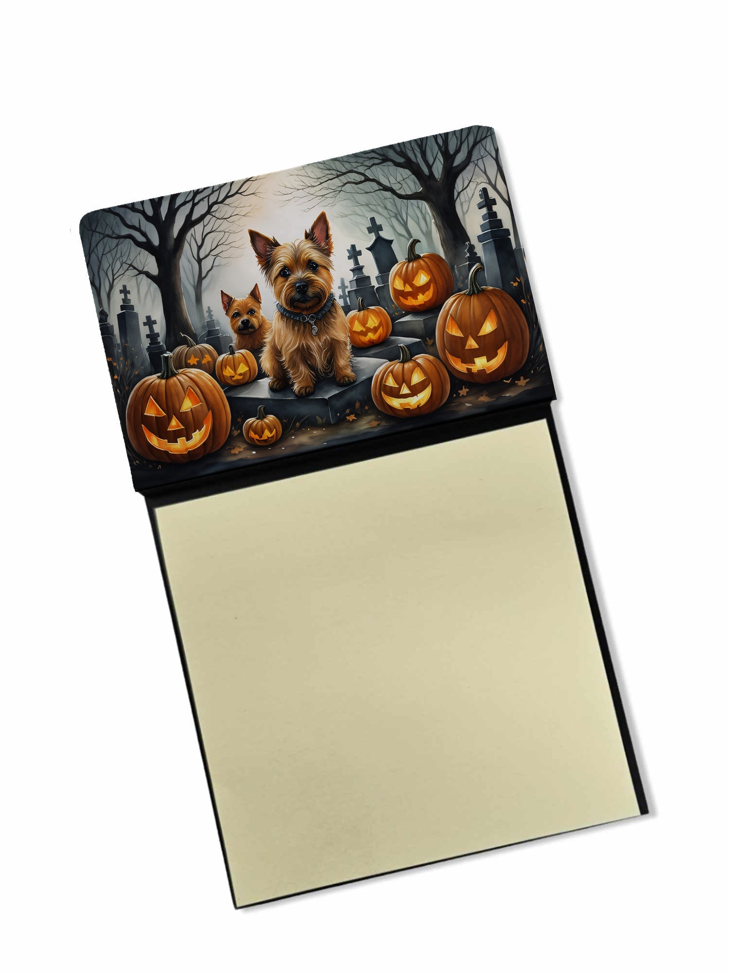 Norwich Terrier Spooky Halloween Watercolor Sticky Note Holder Refillable Dispenser Desk Accessory 3x3 Pad Gift