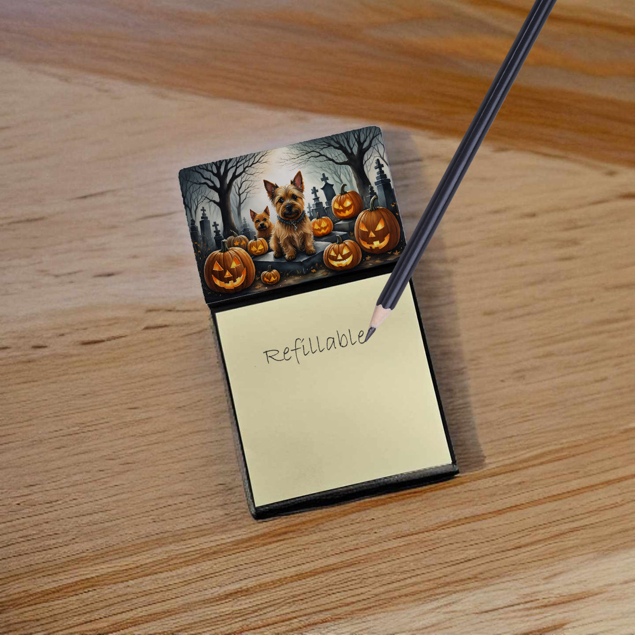 Norwich Terrier Spooky Halloween Watercolor Sticky Note Holder Refillable Dispenser Desk Accessory 3x3 Pad Gift