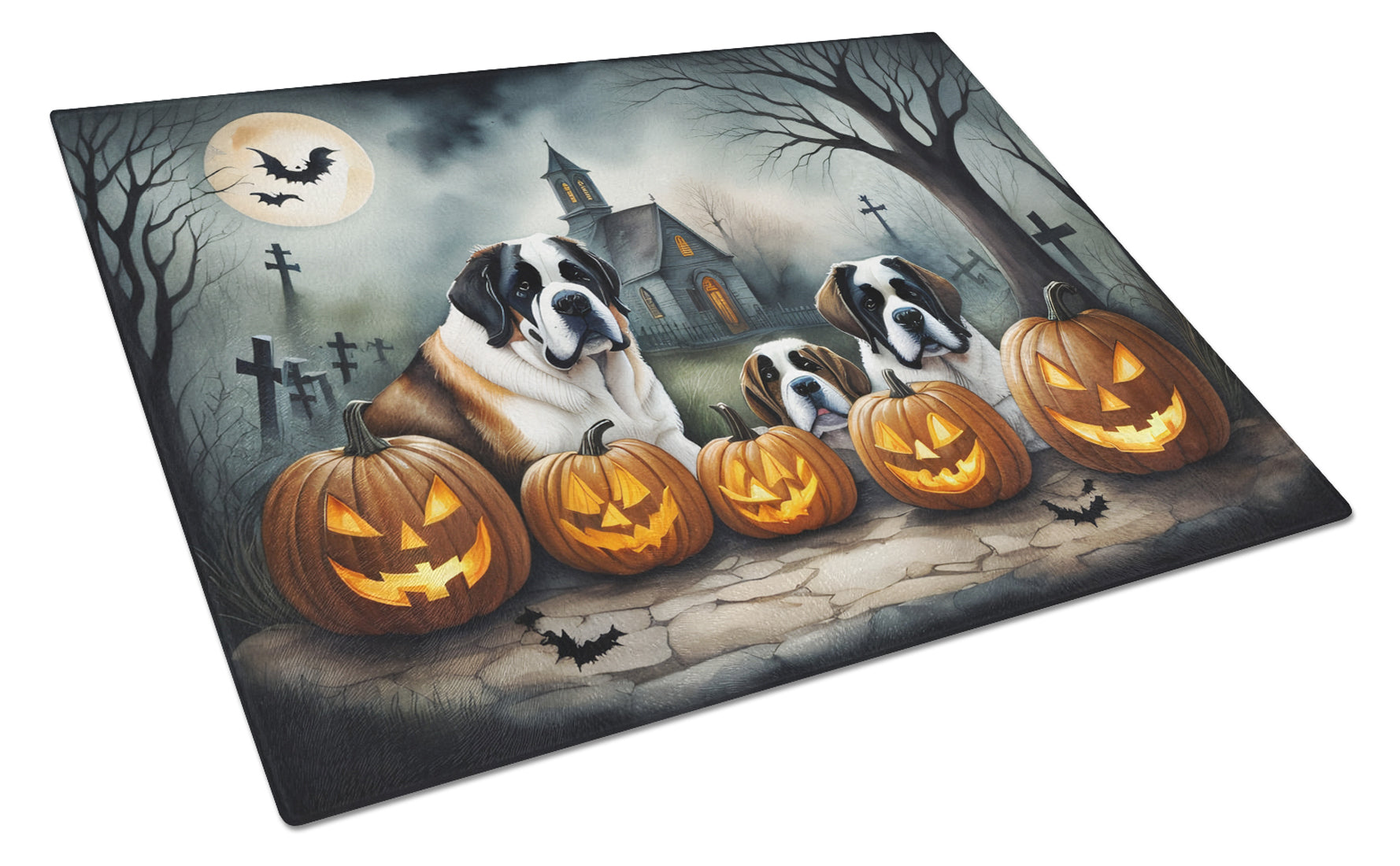 Saint Bernard Spooky Halloween Cutting Board Tempered Glass Kitchen Cutting Surface, Heat Resistant Chopping, Non-Slip Feet, Food Prep & Serving