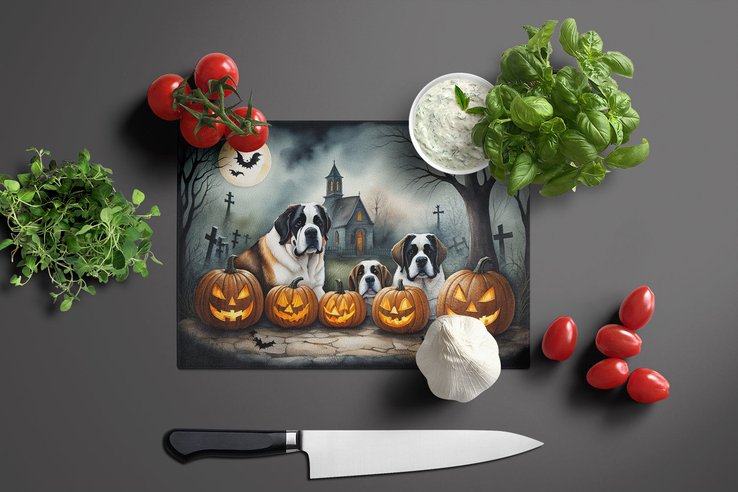 Saint Bernard Spooky Halloween Cutting Board Tempered Glass Kitchen Cutting Surface, Heat Resistant Chopping, Non-Slip Feet, Food Prep & Serving