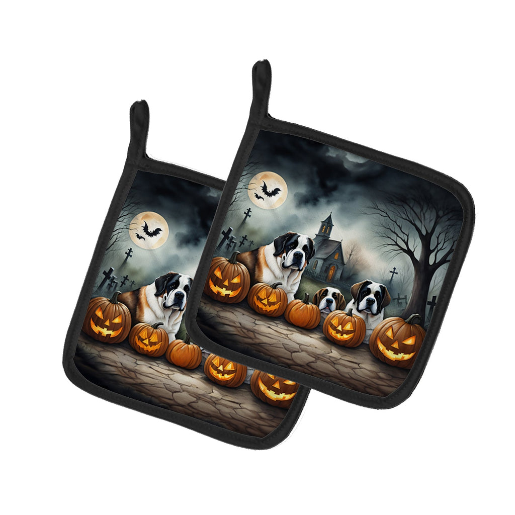 Saint Bernard Spooky Halloween Pot Holder Set of 2 Heat Resistant Quilted Hot Pads 7.5 x 7.5 Inch, Insulated Kitchen Trivets for Cooking & Baking