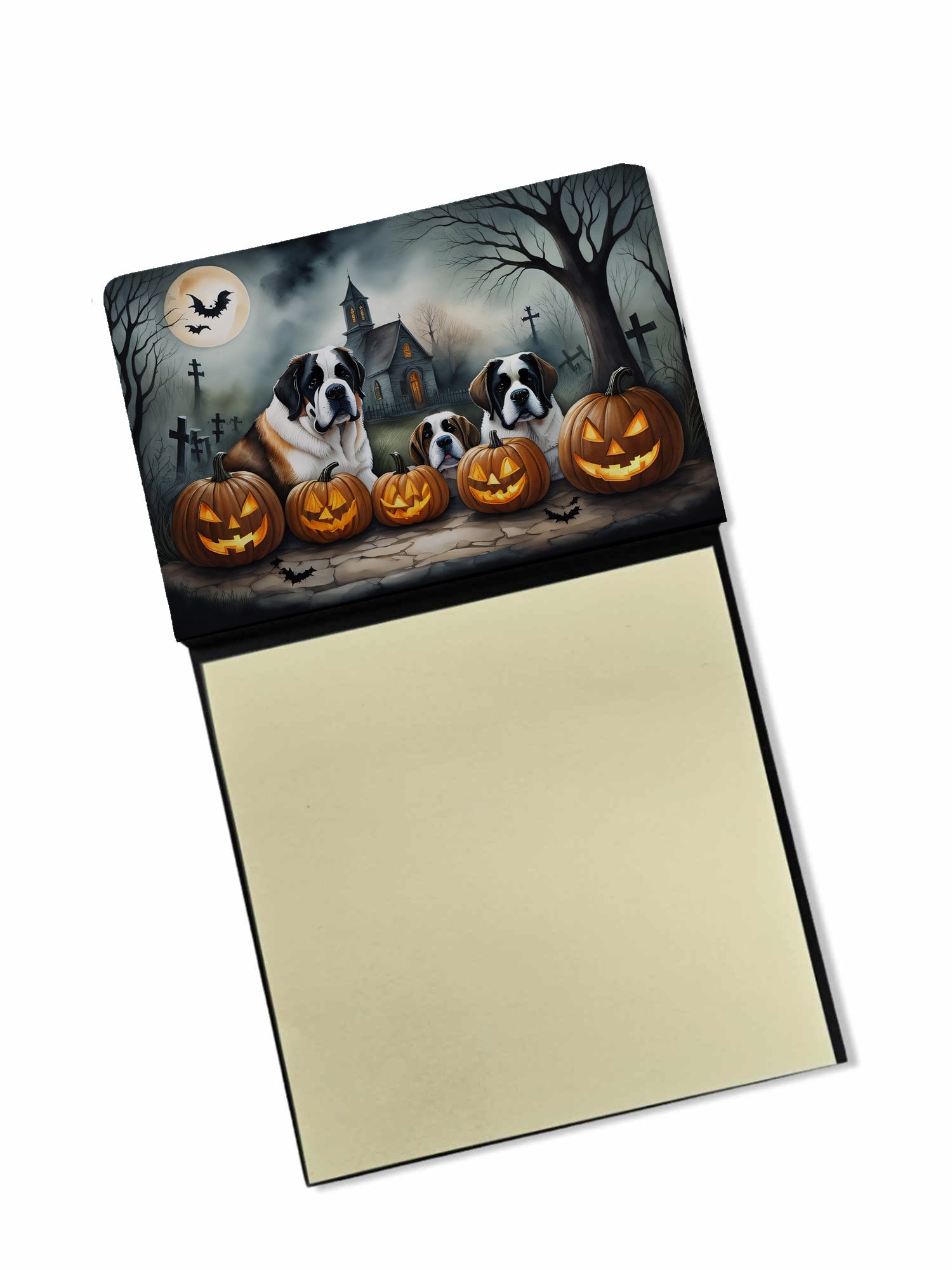 Saint Bernard Spooky Halloween Watercolor Sticky Note Holder Refillable Dispenser Desk Accessory 3x3 Pad Gift