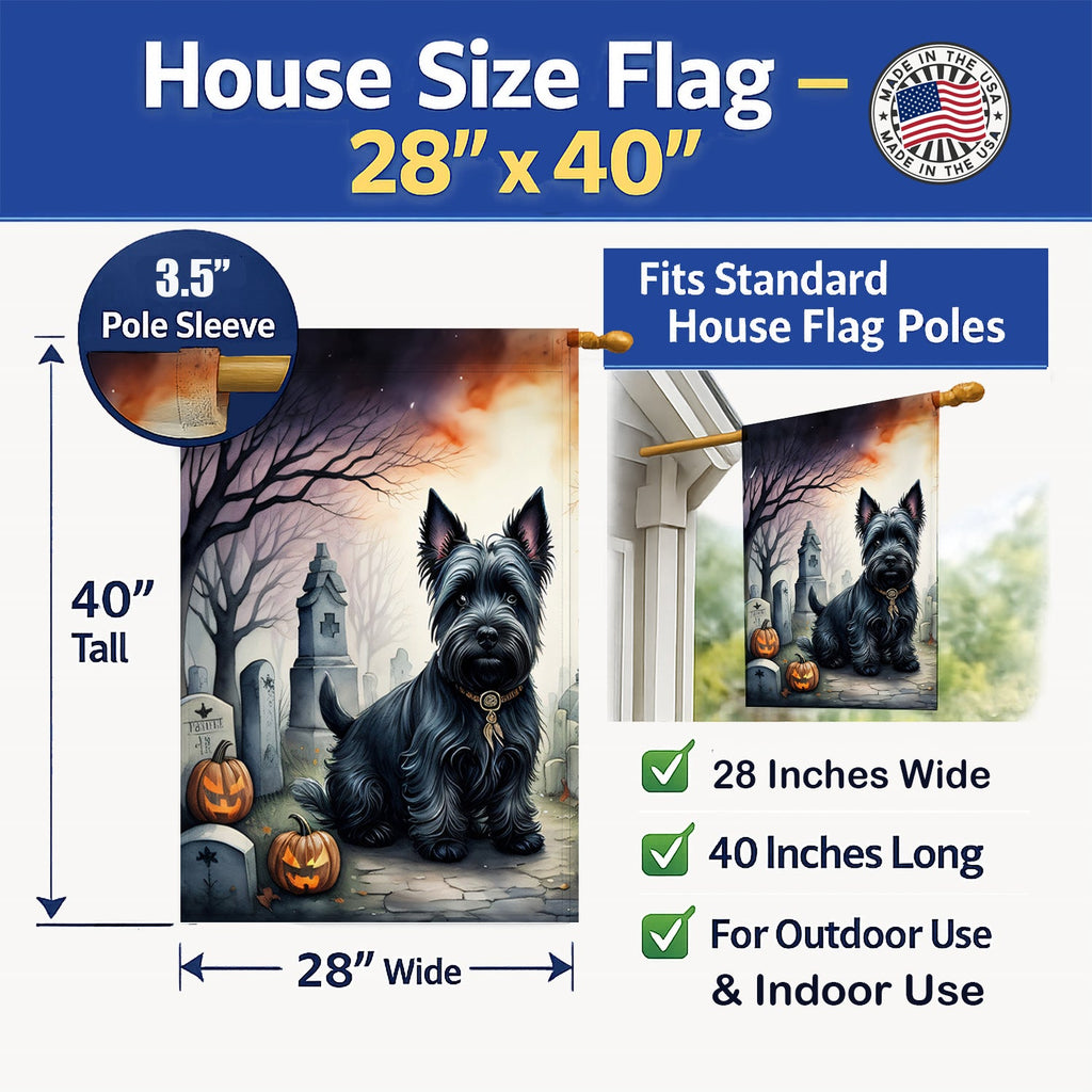 Scottish Terrier Spooky Halloween House Flag 28x40 Porch Sleeve Pole Decorative Outside Yard Banner Artwork Wall Hanging, Polyester