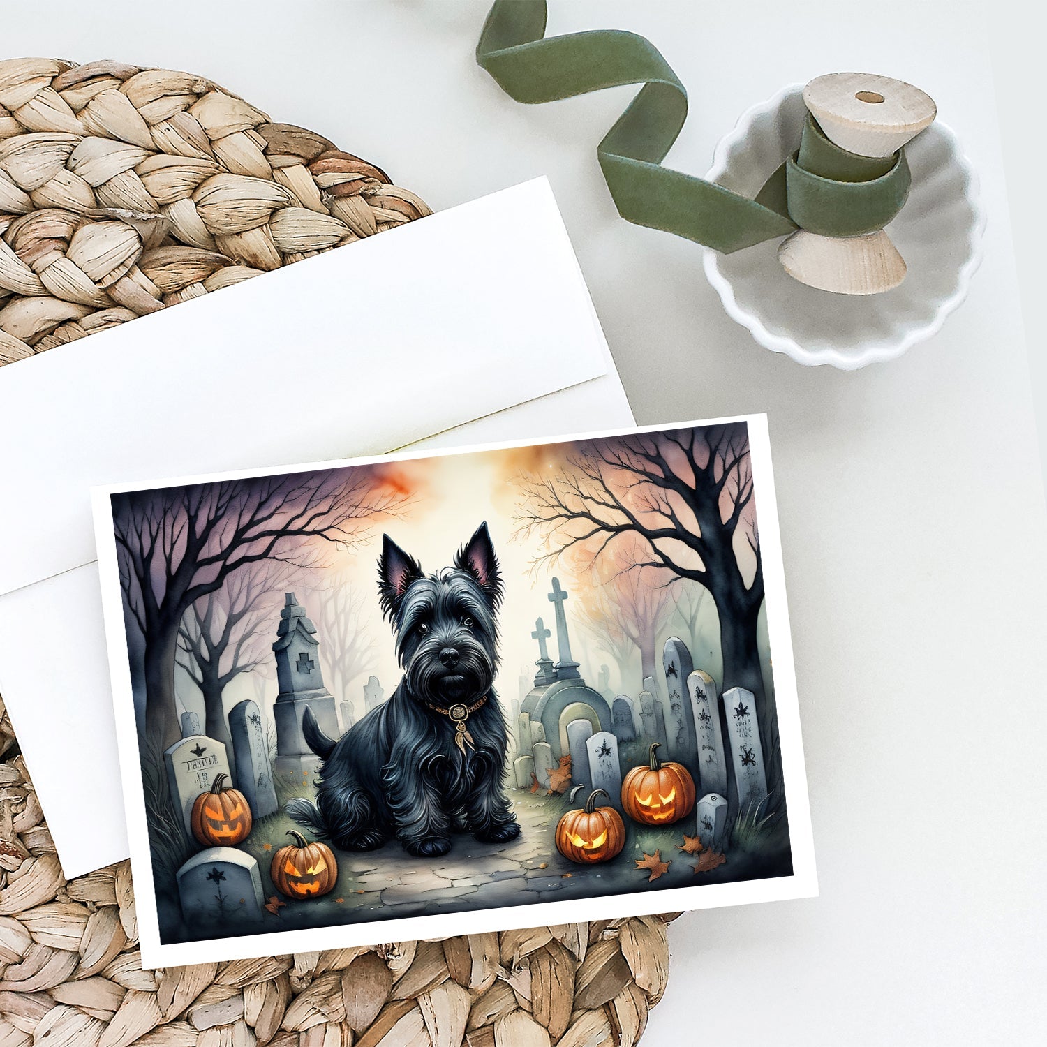 Scottish Terrier Spooky Halloween Greeting Cards Pack of 8 Blank Cards with Envelopes Whimsical A7 Size 5x7