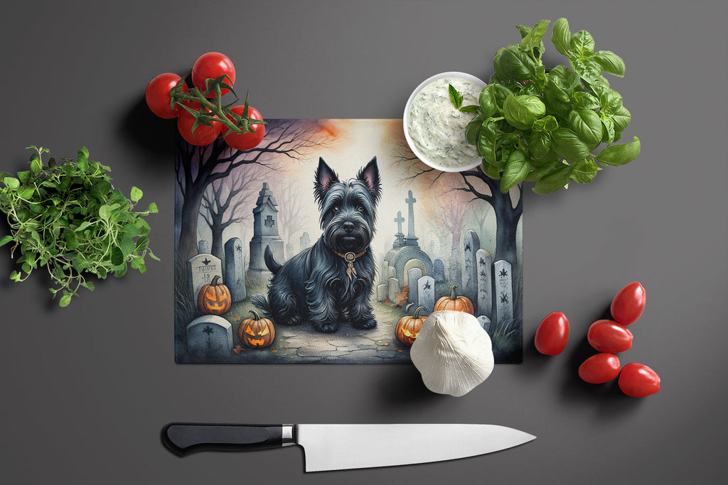 Scottish Terrier Spooky Halloween Cutting Board Tempered Glass Kitchen Cutting Surface, Heat Resistant Chopping, Non-Slip Feet, Food Prep & Serving