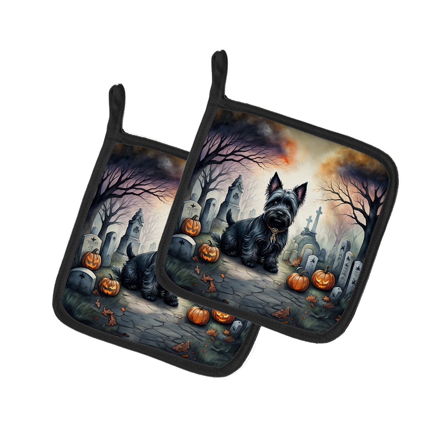 Scottish Terrier Spooky Halloween Pot Holder Set of 2 Heat Resistant Quilted Hot Pads 7.5 x 7.5 Inch, Insulated Kitchen Trivets for Cooking & Baking
