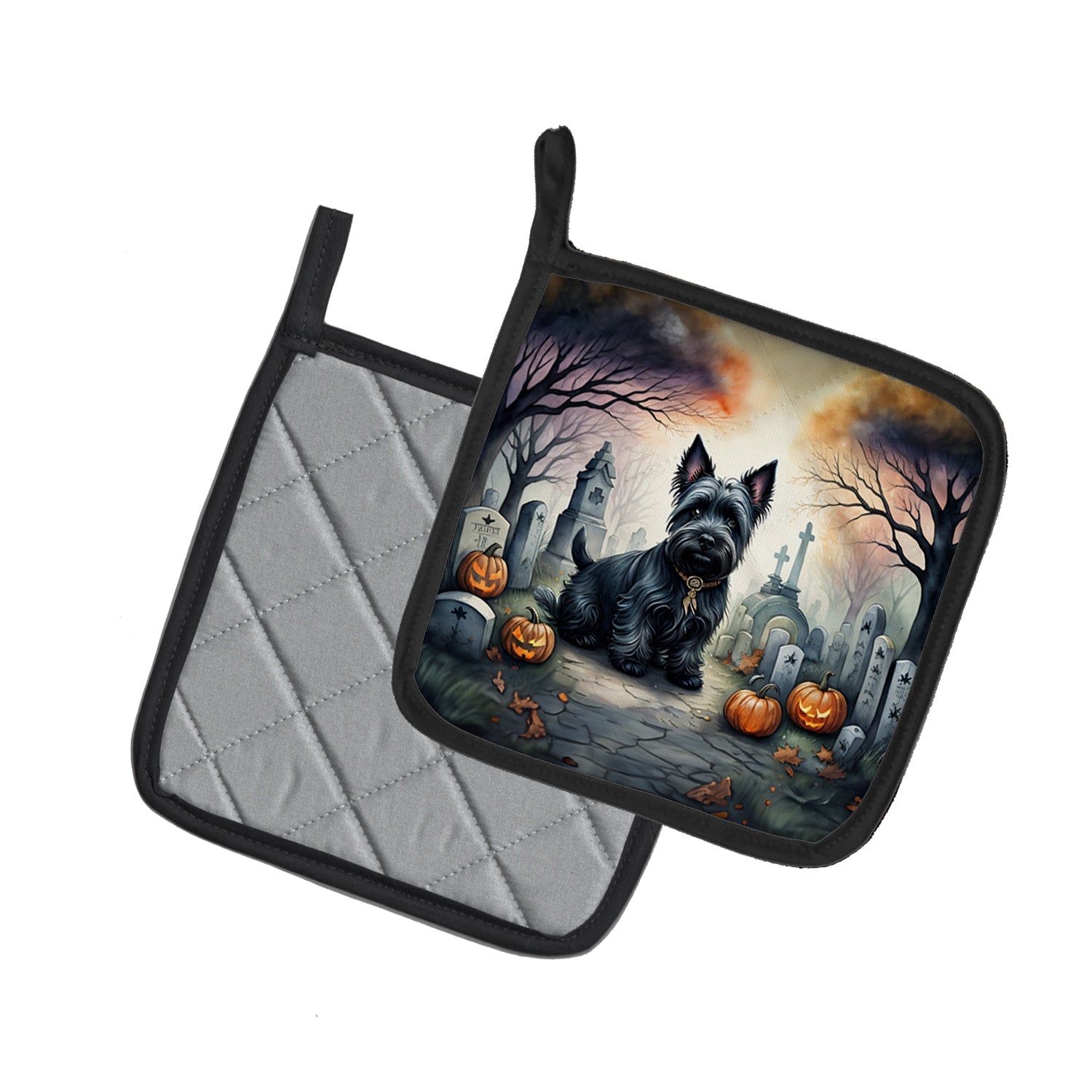 Scottish Terrier Spooky Halloween Pot Holder Set of 2 Heat Resistant Quilted Hot Pads 7.5 x 7.5 Inch, Insulated Kitchen Trivets for Cooking & Baking