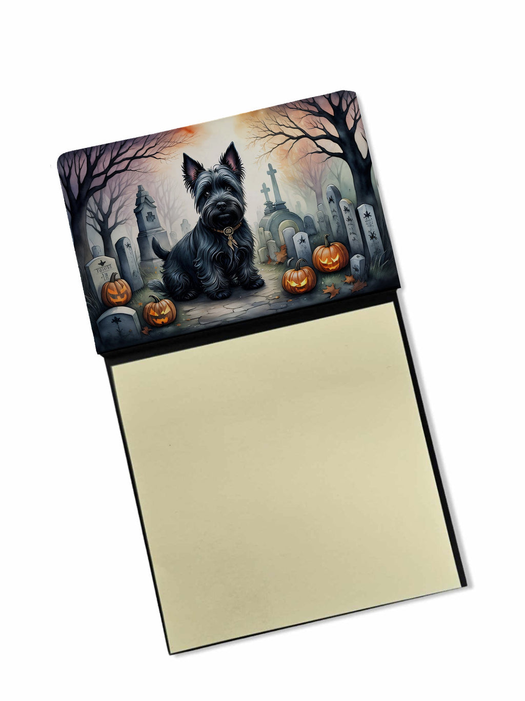 Scottish Terrier Spooky Halloween Watercolor Sticky Note Holder Refillable Dispenser Desk Accessory 3x3 Pad Gift