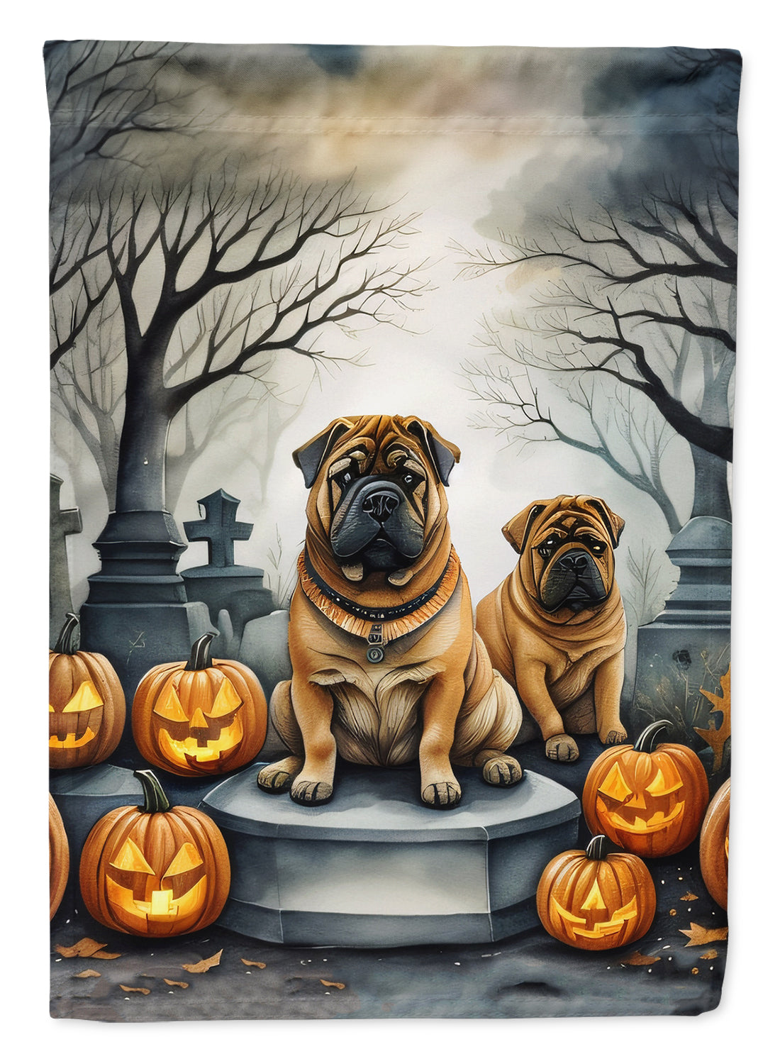 Shar Pei Spooky Halloween House Flag 28x40 Porch Sleeve Pole Decorative Outside Yard Banner Artwork Wall Hanging, Polyester