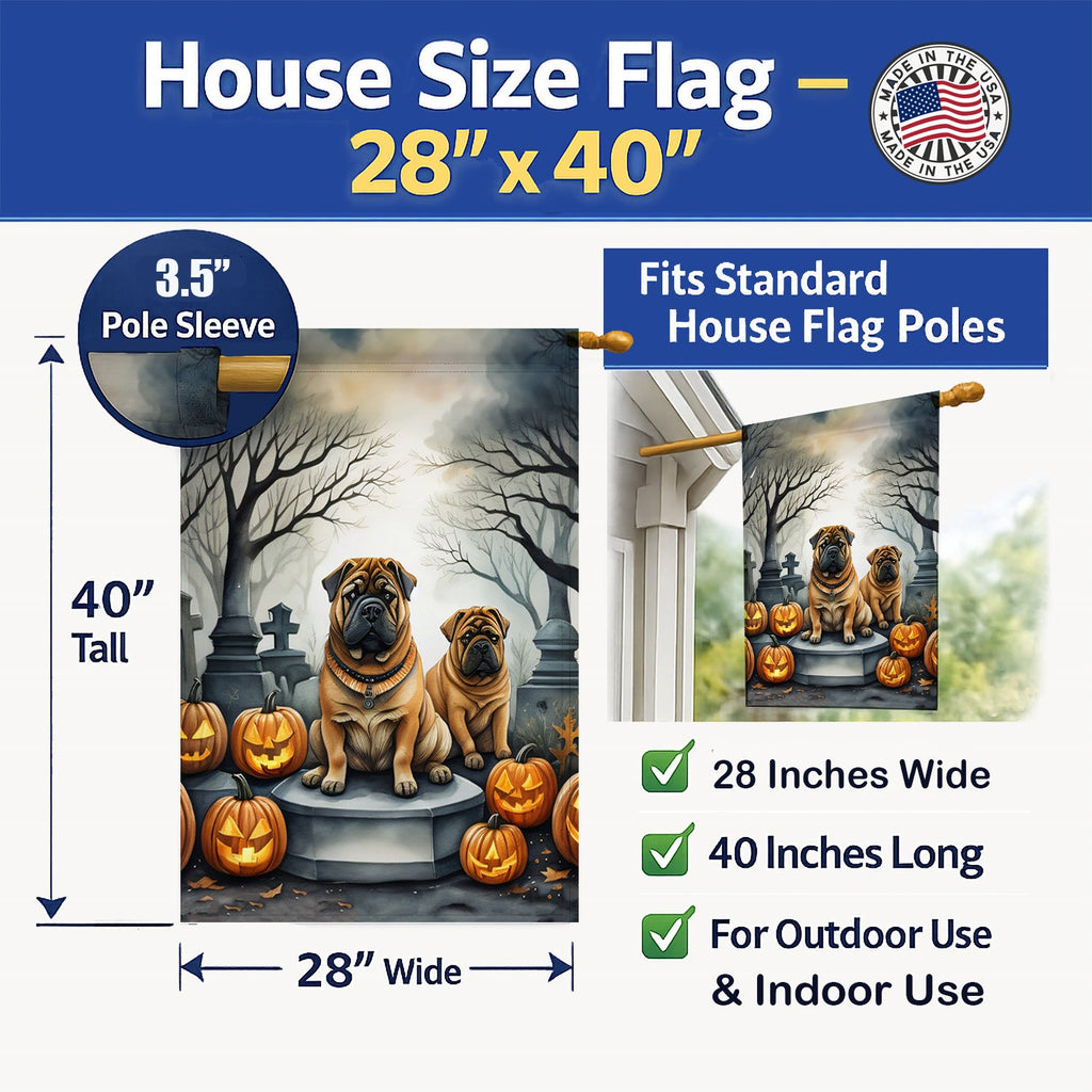Shar Pei Spooky Halloween House Flag 28x40 Porch Sleeve Pole Decorative Outside Yard Banner Artwork Wall Hanging, Polyester