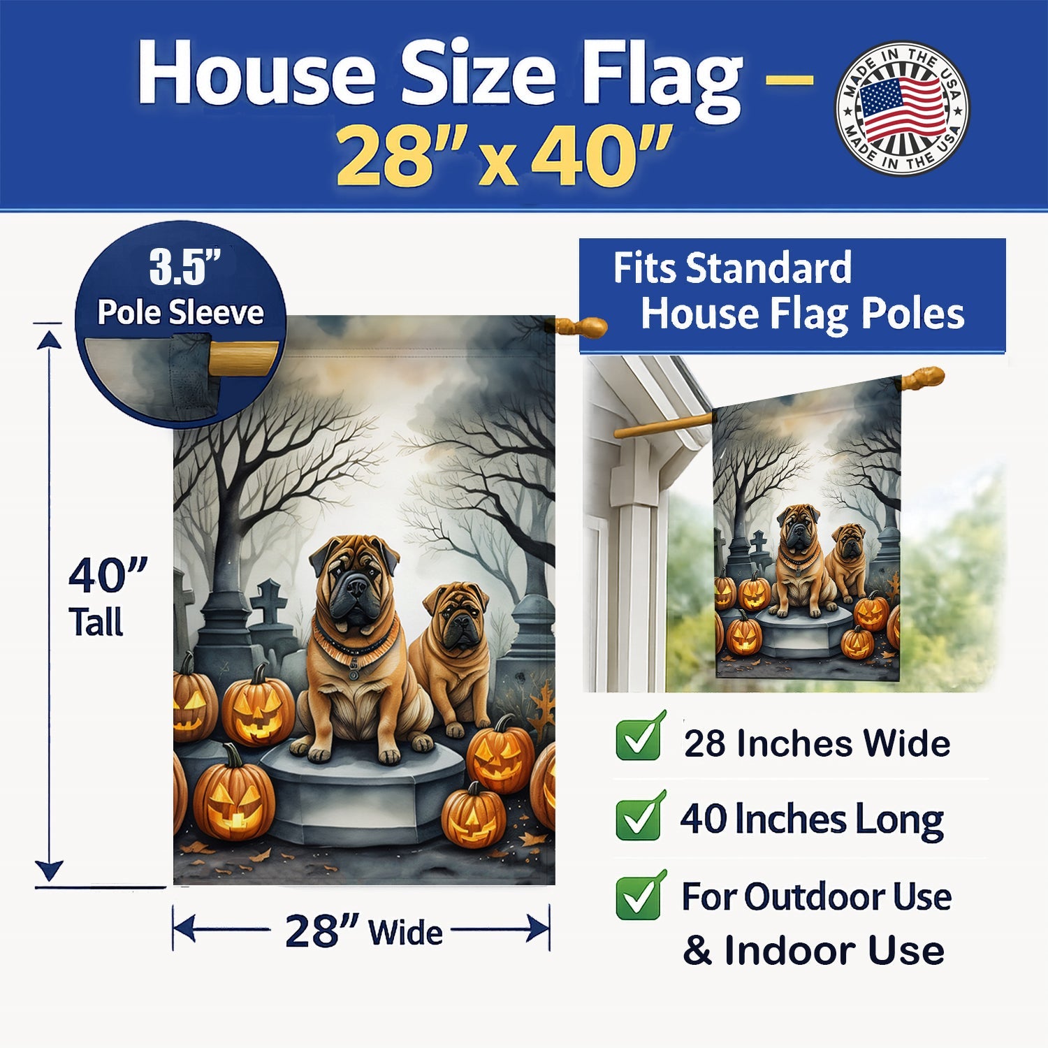 Shar Pei Spooky Halloween House Flag 28x40 Porch Sleeve Pole Decorative Outside Yard Banner Artwork Wall Hanging, Polyester