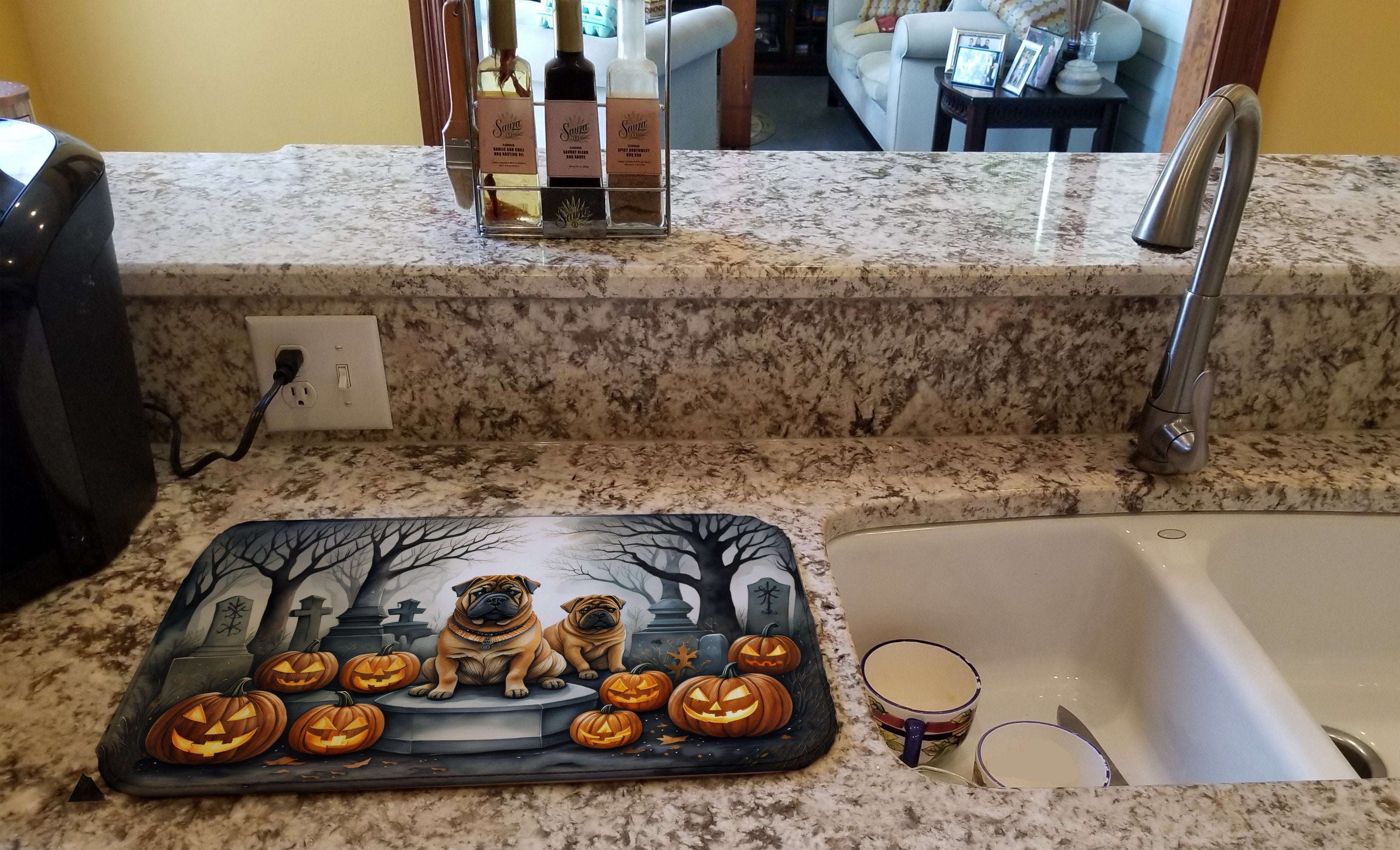 Shar Pei Spooky Halloween Dish Drying Mat Absorbent Dish Drying Mat Pad for Kitchen Counter Dish Drainer Mat for Countertop, 14 x 21", Multicolor