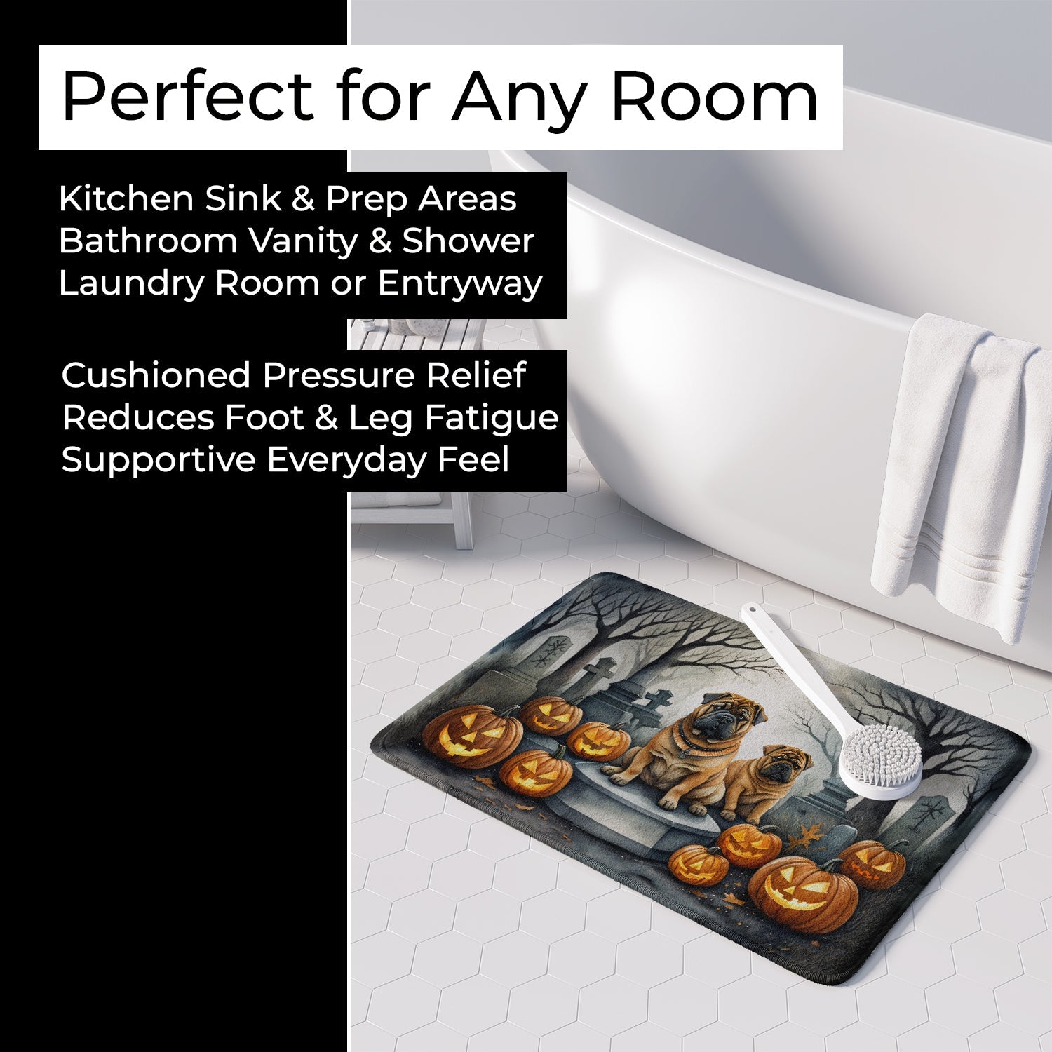 Shar Pei Spooky Halloween Memory Foam Kitchen Mat Machine Washable Anti-Fatigue Cushion Comfort Bath or Kitchen Rug