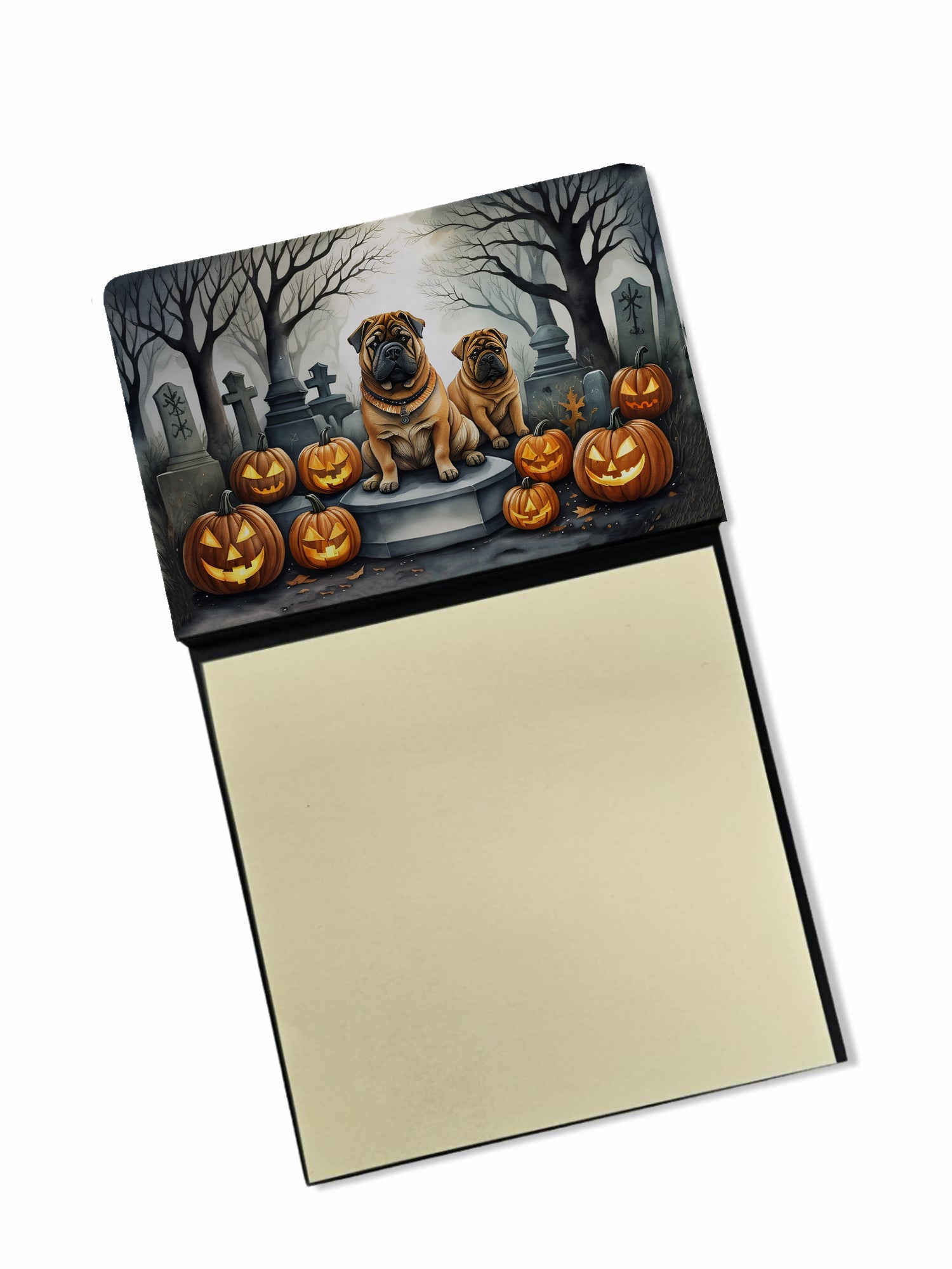 Shar Pei Spooky Halloween Watercolor Sticky Note Holder Refillable Dispenser Desk Accessory 3x3 Pad Gift