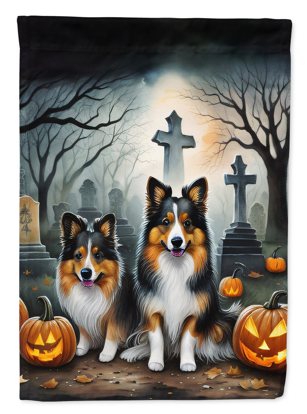 Sheltie Spooky Halloween House Flag 28x40 Porch Sleeve Pole Decorative Outside Yard Banner Artwork Wall Hanging, Polyester