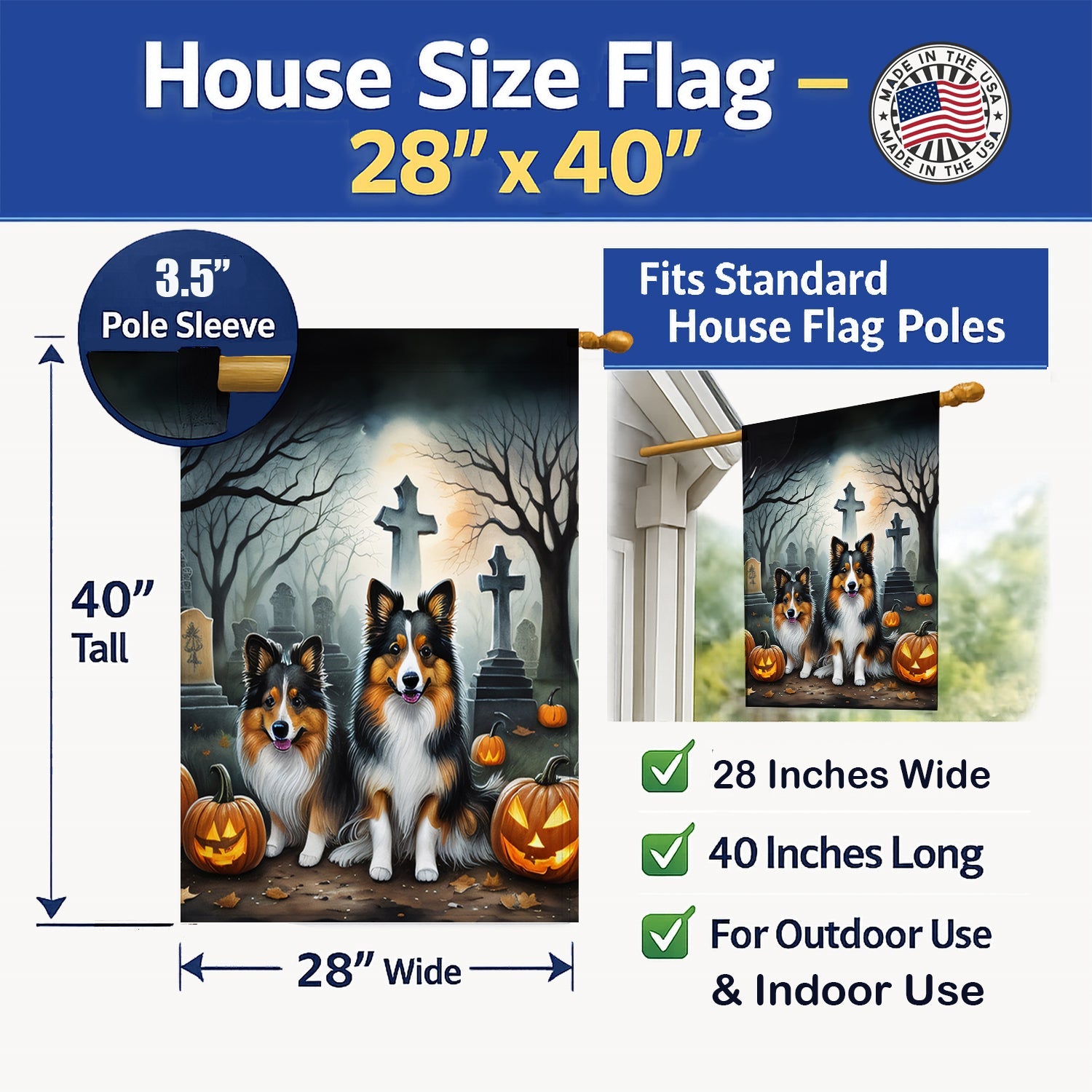 Sheltie Spooky Halloween House Flag 28x40 Porch Sleeve Pole Decorative Outside Yard Banner Artwork Wall Hanging, Polyester
