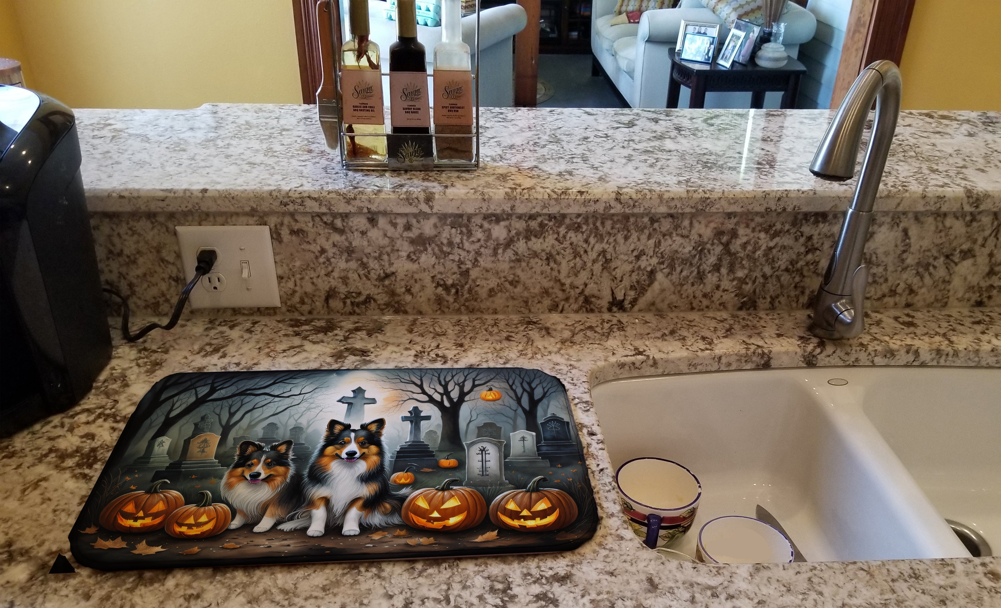 Sheltie Spooky Halloween Dish Drying Mat Absorbent Dish Drying Mat Pad for Kitchen Counter Dish Drainer Mat for Countertop, 14 x 21", Multicolor
