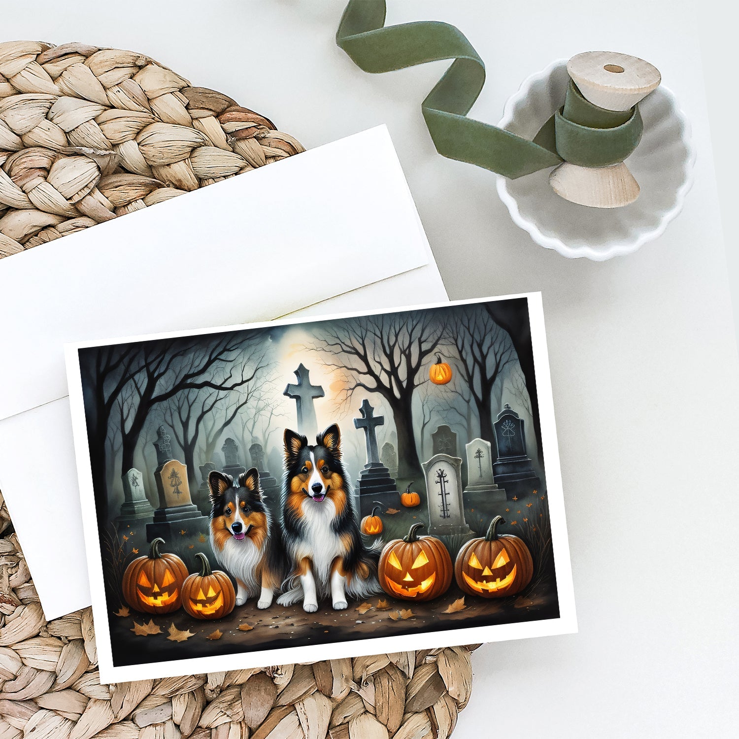 Sheltie Spooky Halloween Greeting Cards Pack of 8 Blank Cards with Envelopes Whimsical A7 Size 5x7