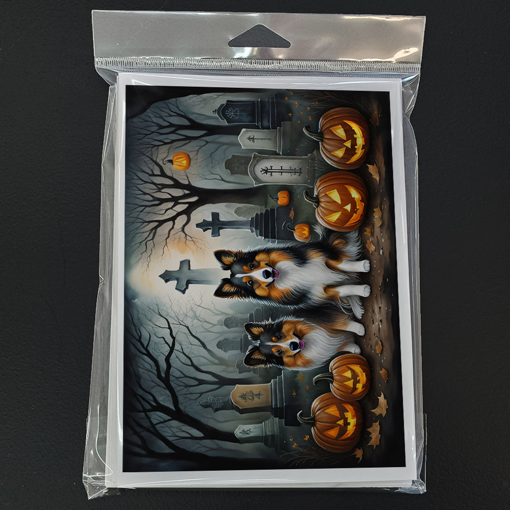 Sheltie Spooky Halloween Greeting Cards Pack of 8 Blank Cards with Envelopes Whimsical A7 Size 5x7