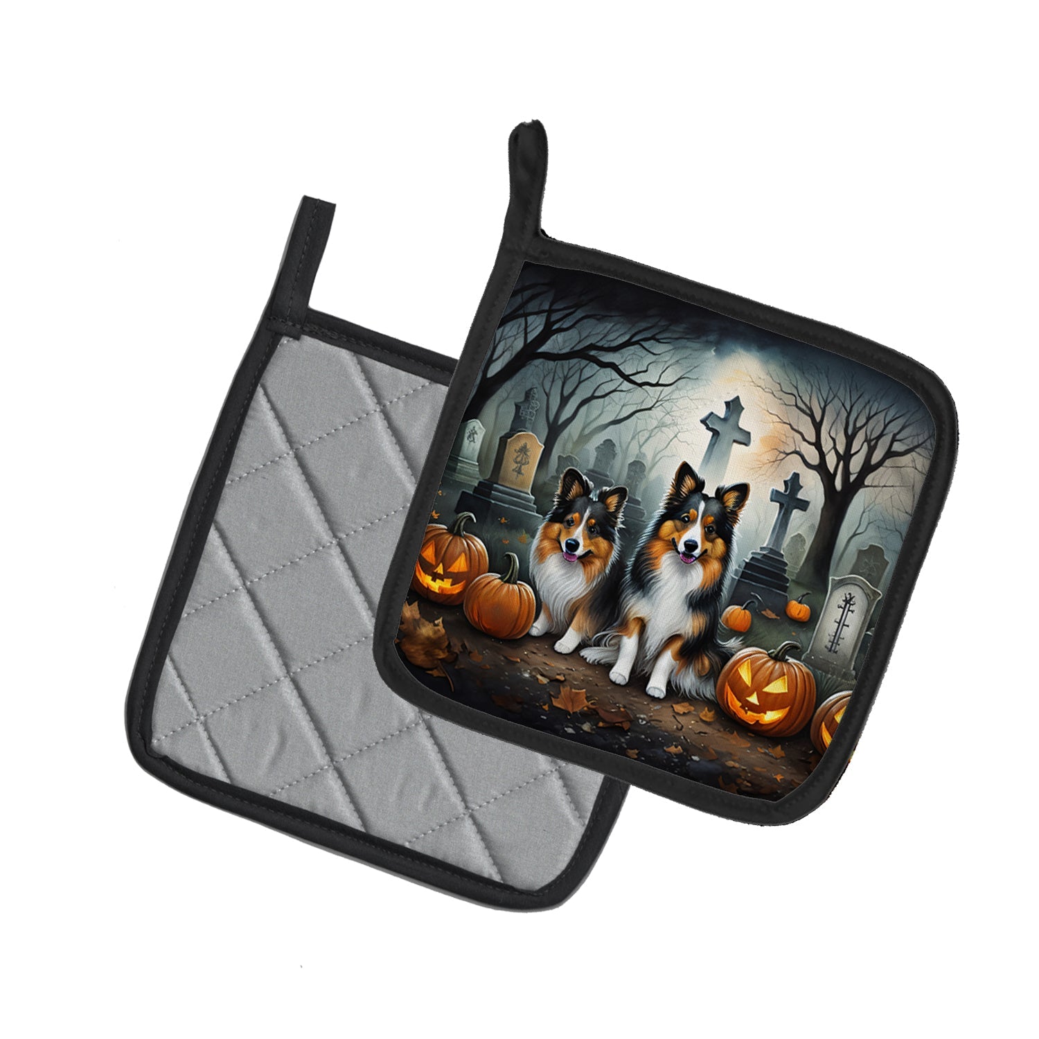 Sheltie Spooky Halloween Pot Holder Set of 2 Heat Resistant Quilted Hot Pads 7.5 x 7.5 Inch, Insulated Kitchen Trivets for Cooking & Baking