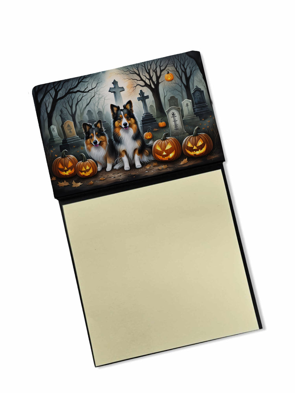 Sheltie Spooky Halloween Watercolor Sticky Note Holder Refillable Dispenser Desk Accessory 3x3 Pad Gift