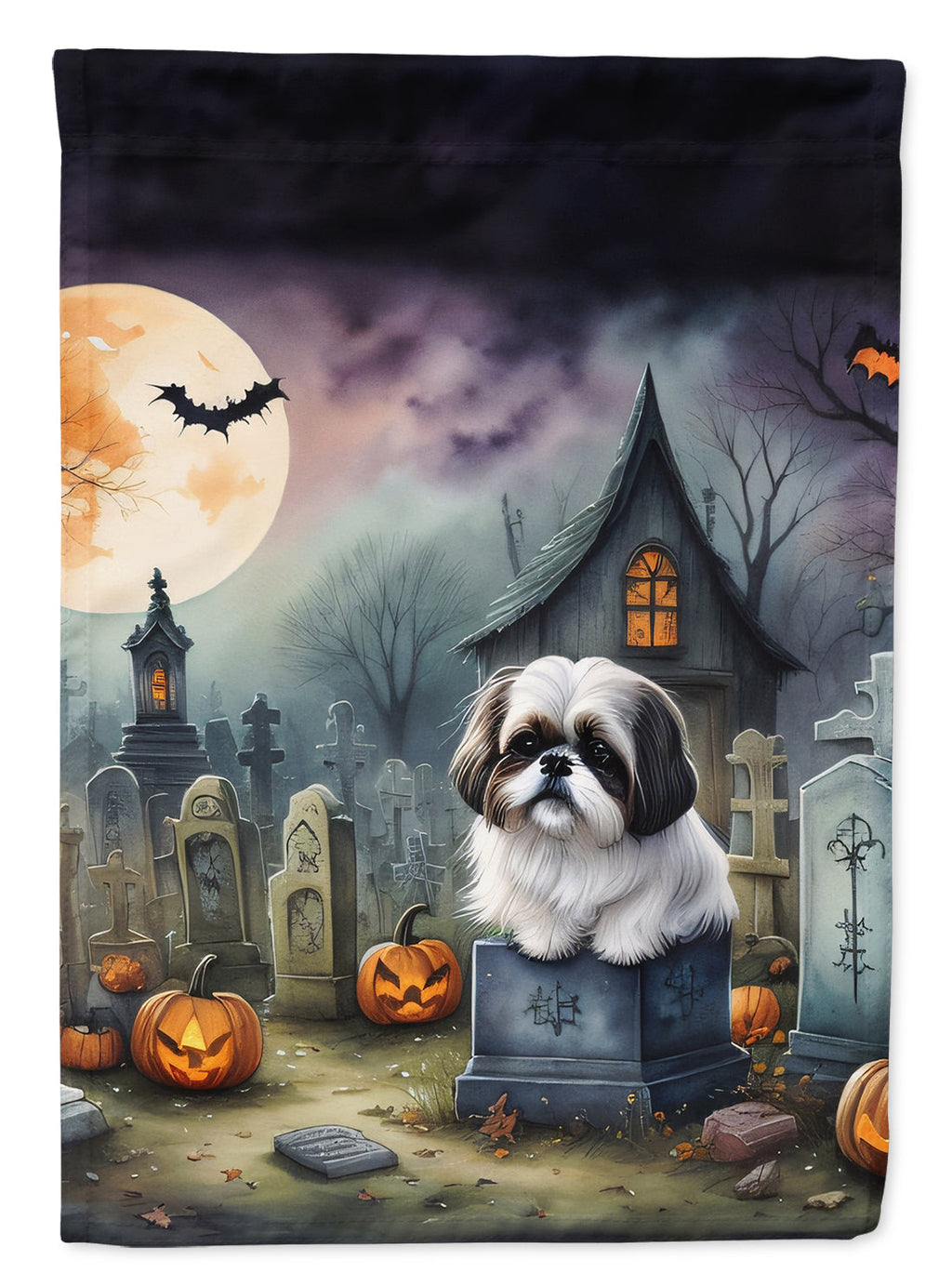 Shih Tzu Spooky Halloween House Flag 28x40 Porch Sleeve Pole Decorative Outside Yard Banner Artwork Wall Hanging, Polyester