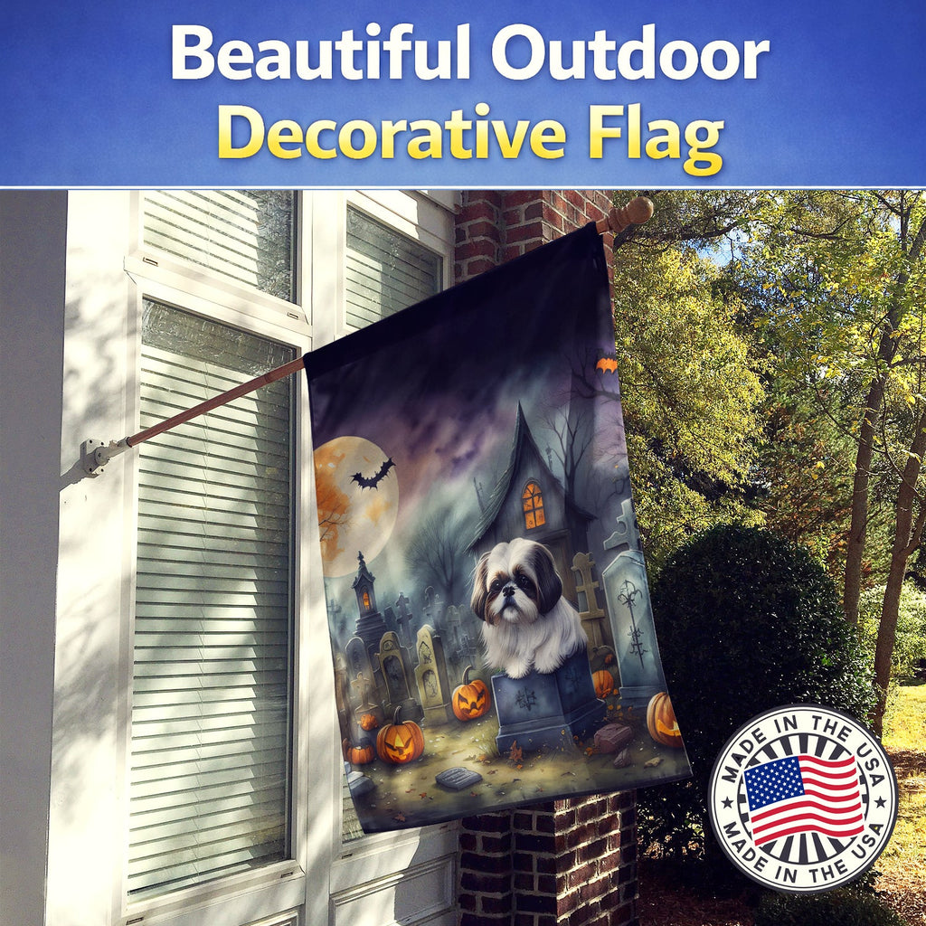 Shih Tzu Spooky Halloween House Flag 28x40 Porch Sleeve Pole Decorative Outside Yard Banner Artwork Wall Hanging, Polyester