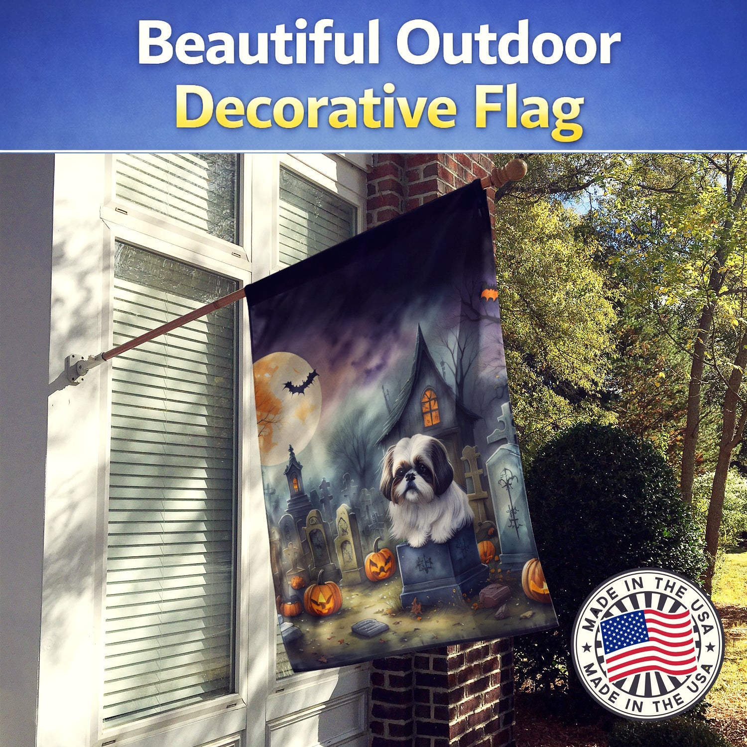 Shih Tzu Spooky Halloween House Flag 28x40 Porch Sleeve Pole Decorative Outside Yard Banner Artwork Wall Hanging, Polyester